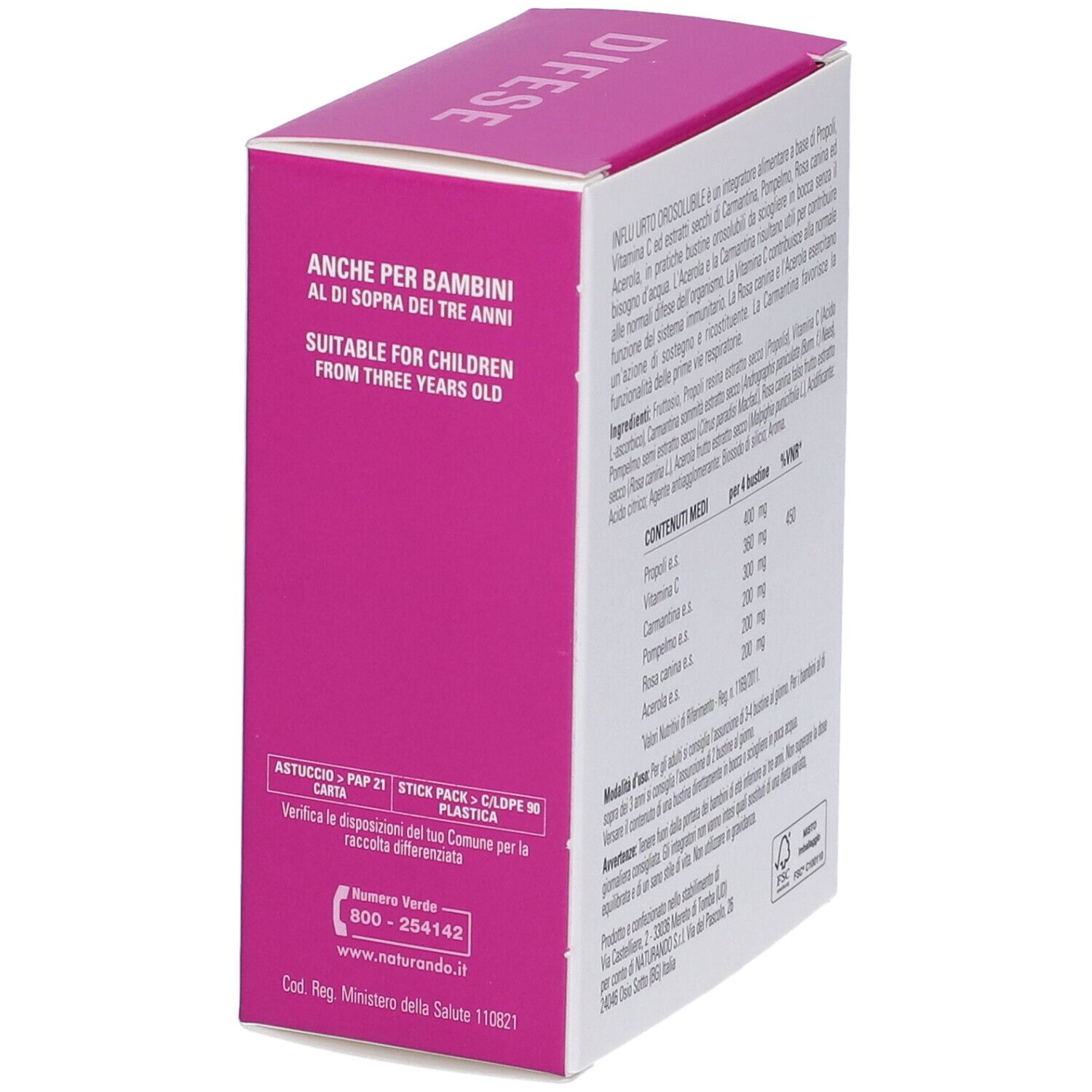 Scatola del prodotto con testo e ingredienti. Colori rosa e bianco. Adatto a bambini dai 3 anni.