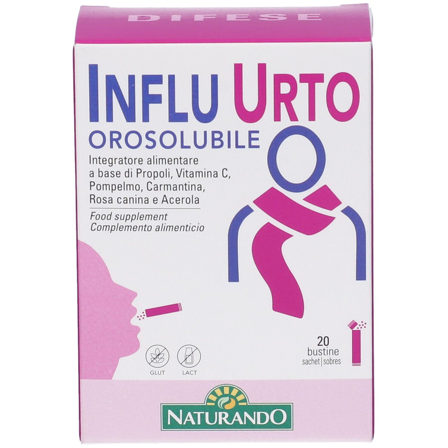 Scatola del prodotto con nome e ingredienti. Colori rosa e bianco. 20 bustine. Senza glutine e lattosio.