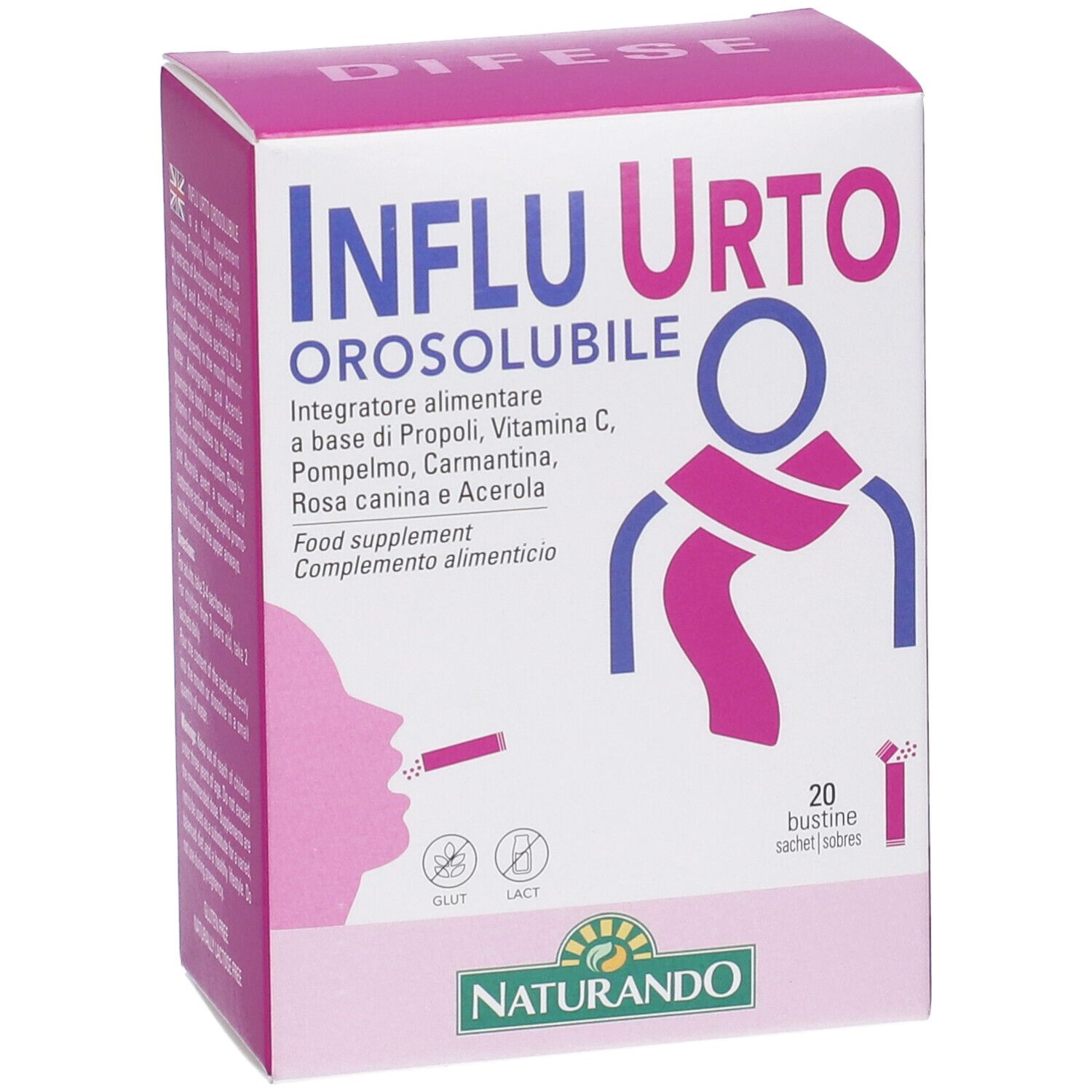 Scatola del prodotto con nome e ingredienti. Colori rosa e bianco. 20 bustine. Senza glutine e lattosio.