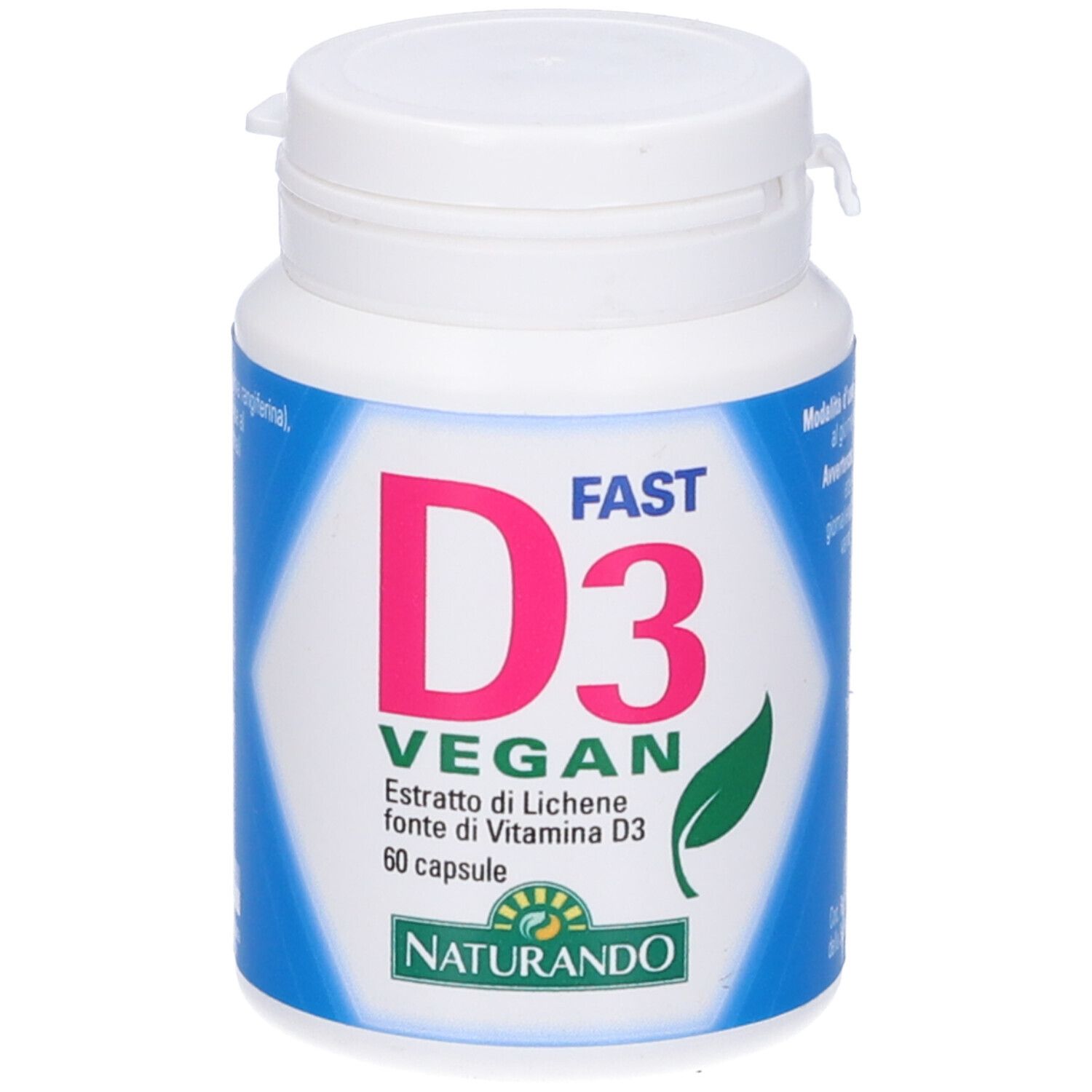 Flacone bianco con scritta blu e rosa D3 Fast Vegan. Forma di foglia verde.