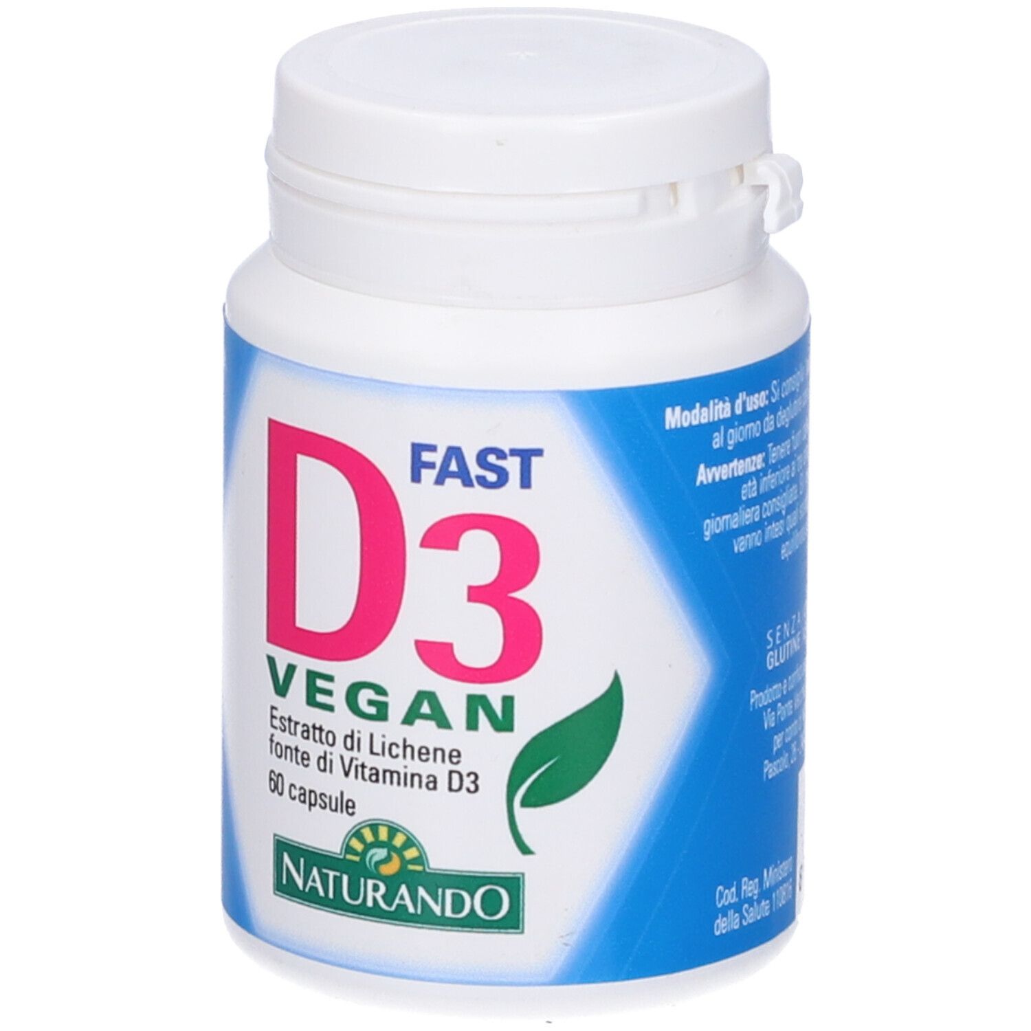 Flacone bianco con scritta blu e rosa D3 Fast Vegan. Forma di foglia verde.