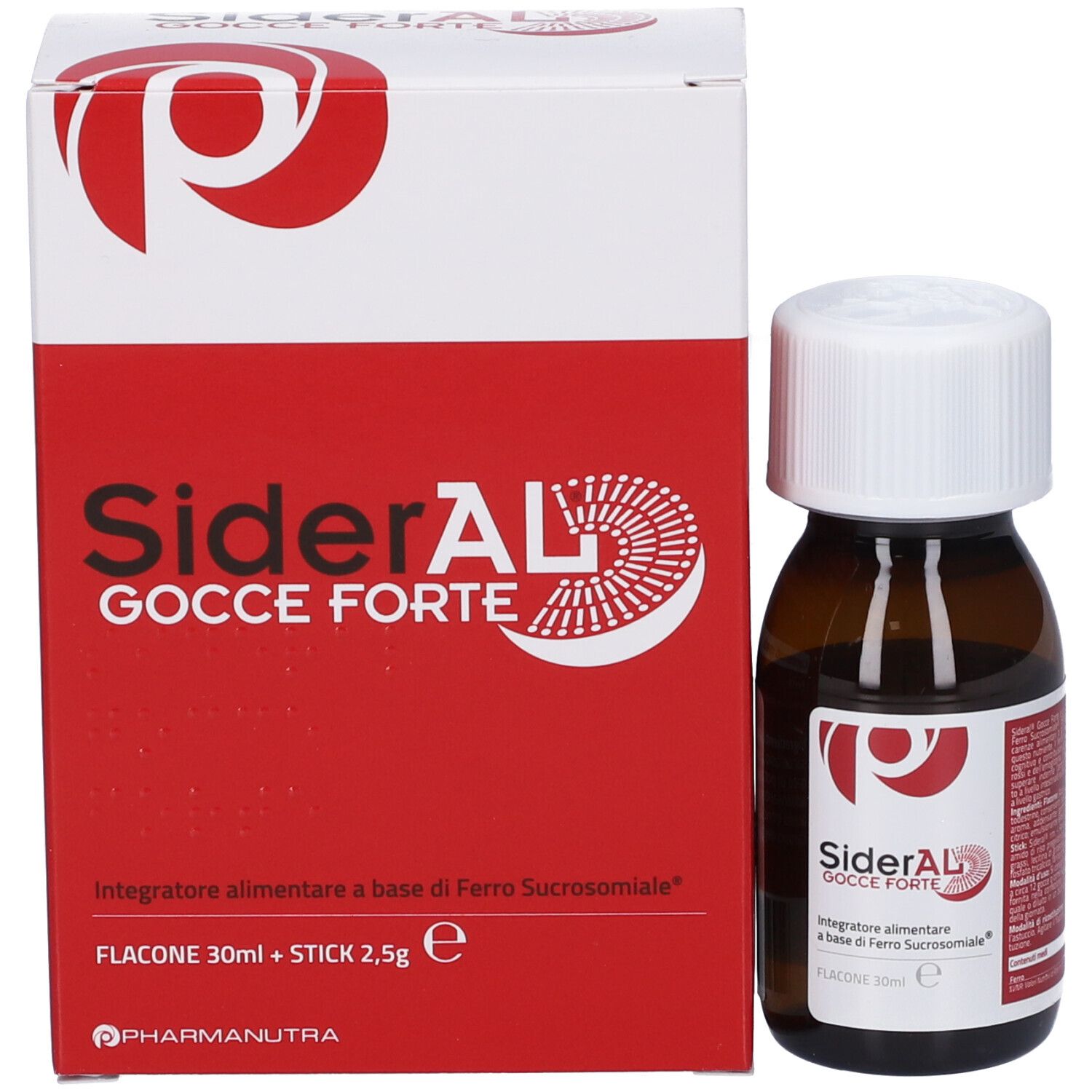 Confezione del prodotto e flacone. Scritta SiderAL Gocce Forte. Logo rosso. Flacone e confezione.