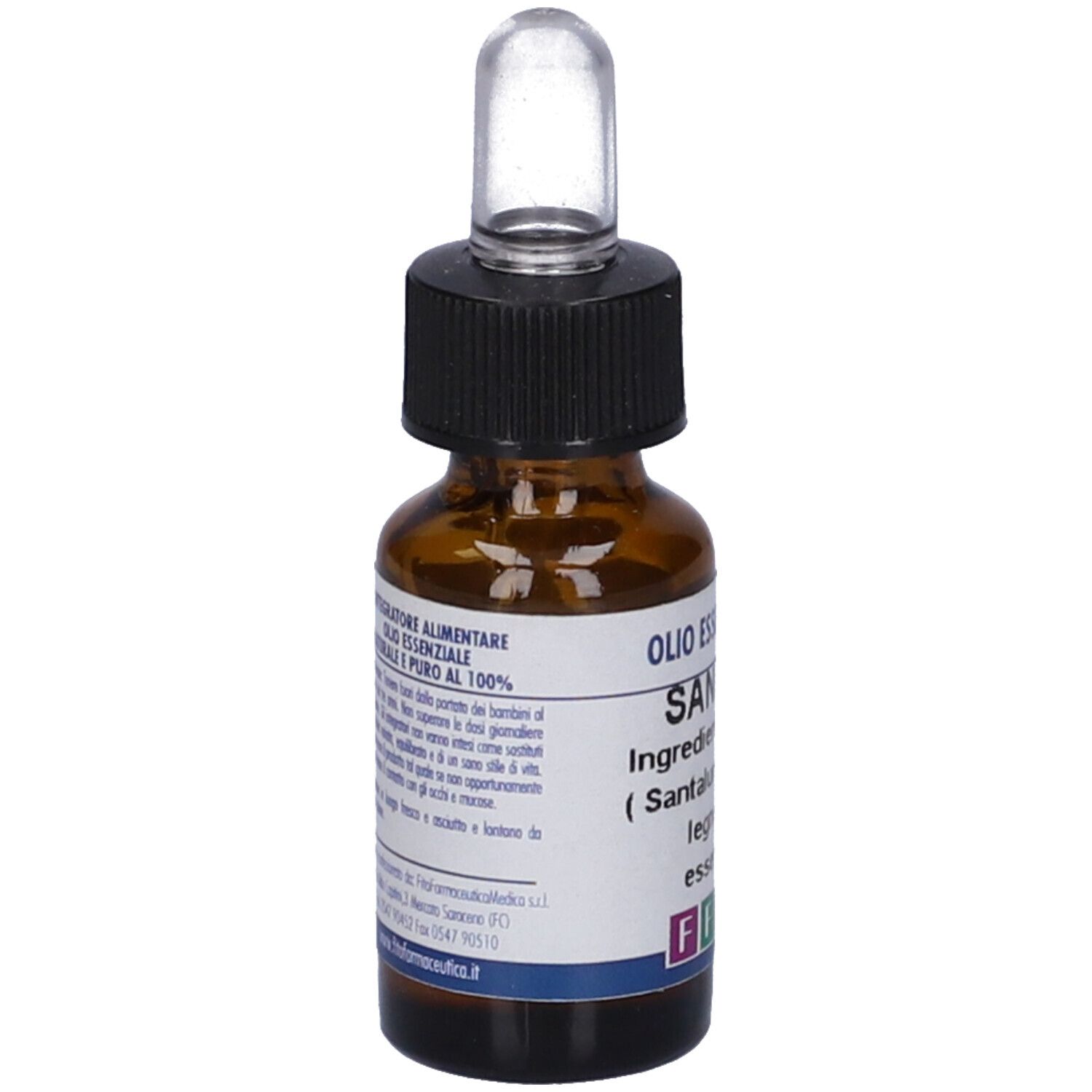 Flacone di vetro marrone con tappo nero e pipetta. Etichetta con testo e ingredienti. Logo FFM.