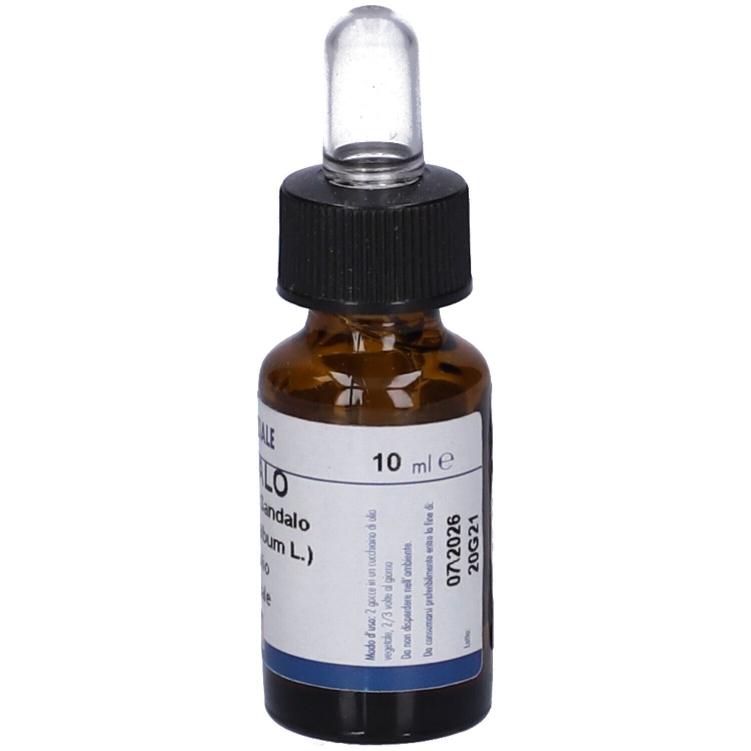 Flacone di vetro marrone con tappo nero e pipetta. Etichetta con testo e 10 ml. FFM.