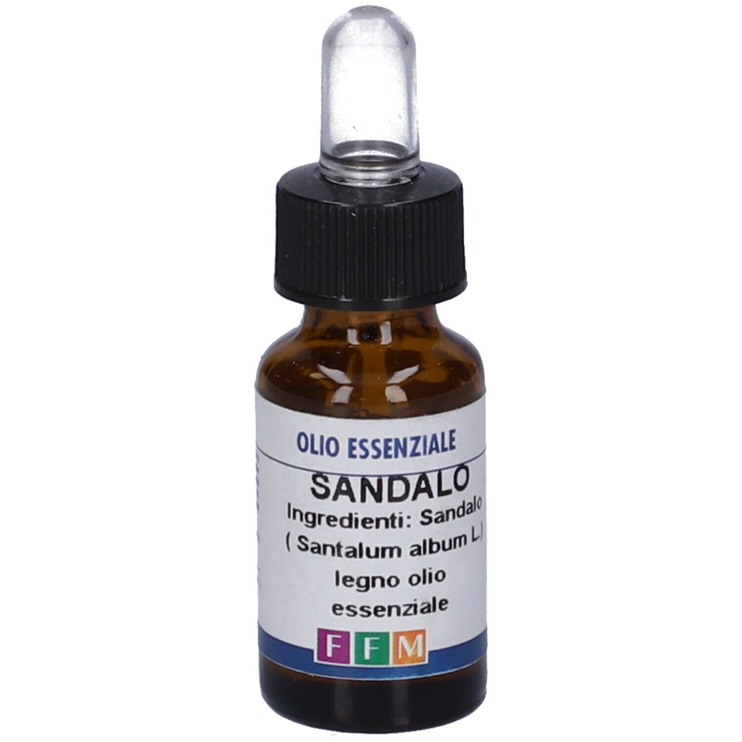 Flacone di vetro marrone con tappo nero e pipetta. Etichetta con testo: Sandalo, Olio Essenziale, FFM.