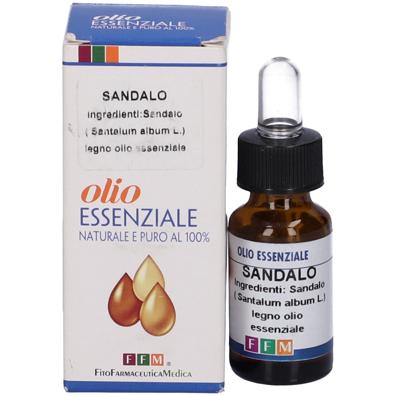 Confezione del prodotto con flacone e scatola. Flacone con pipetta. Scatola con testo e logo FFM.