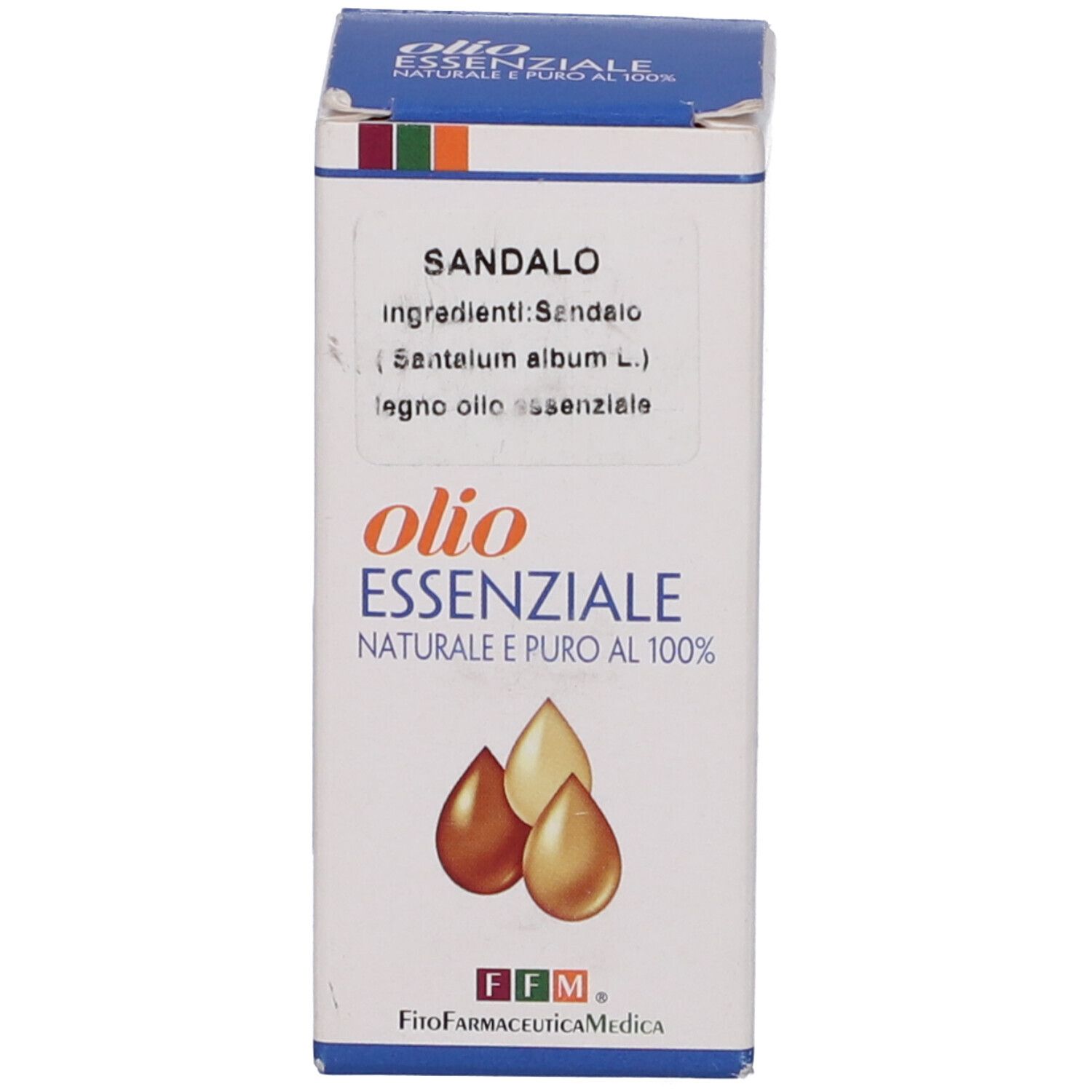 Confezione del prodotto con scatola. Scatola con testo, logo FFM e illustrazione di gocce.