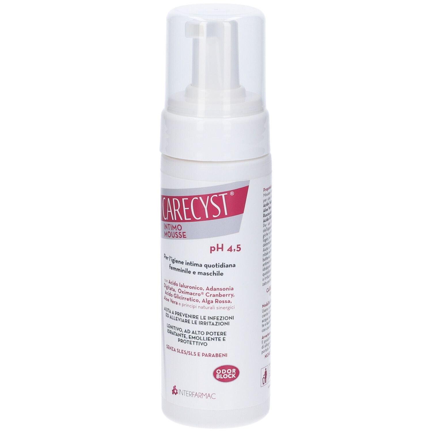 Flacone bianco con erogatore a spruzzo. CARECYST Intimo Mousse, pH 4.5. Testo in italiano. Coperchio trasparente.