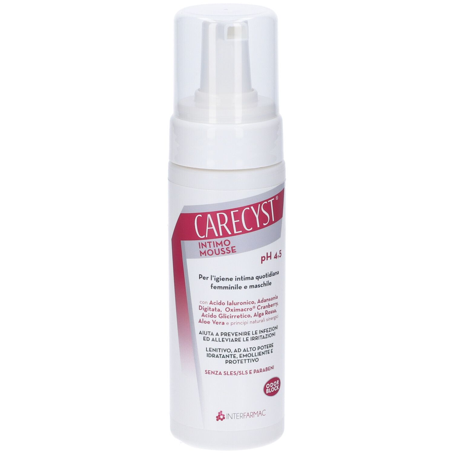 Flacone bianco con erogatore a spruzzo. CARECYST Intimo Mousse, pH 4.5. Testo in italiano. Coperchio trasparente.