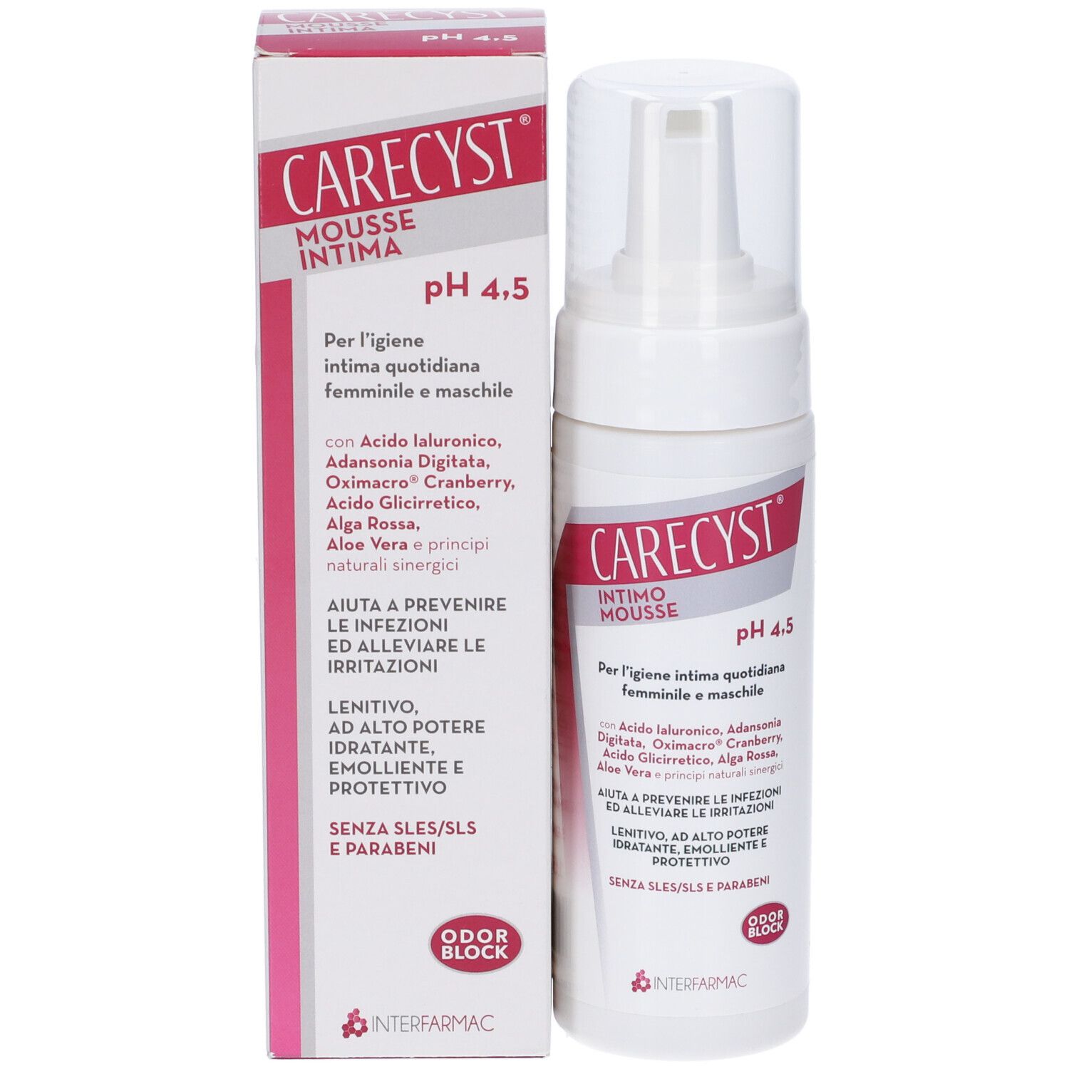CARECYST Intimo Mousse, pH 4.5, con confezione. Flacone bianco e confezione rosa. Testo in italiano.
