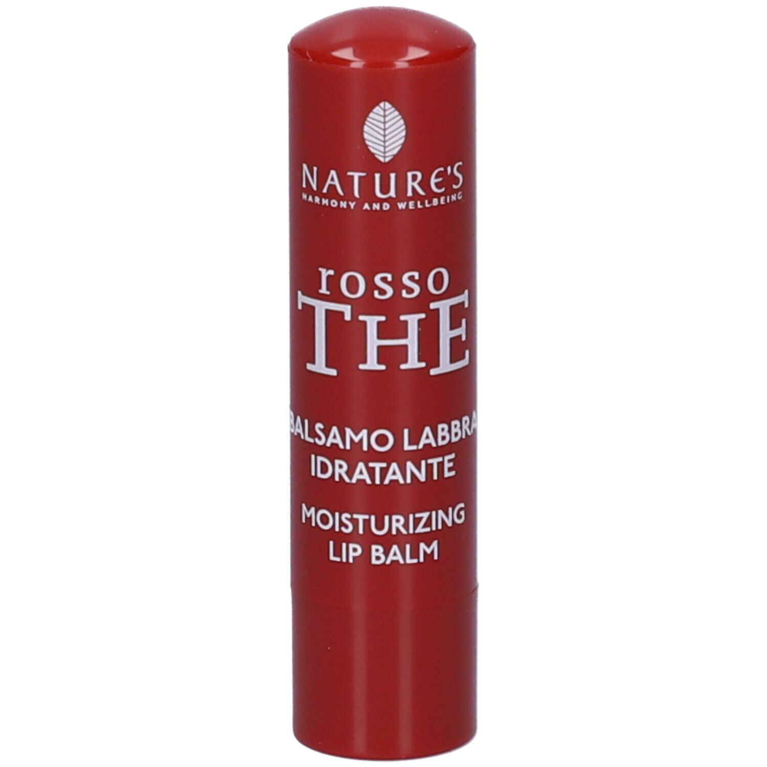 Balsamo per labbra rosso. Scritta: Nature's, Rosso The, Balsamo Labbra Idratante, Moisturizing Lip Balm.