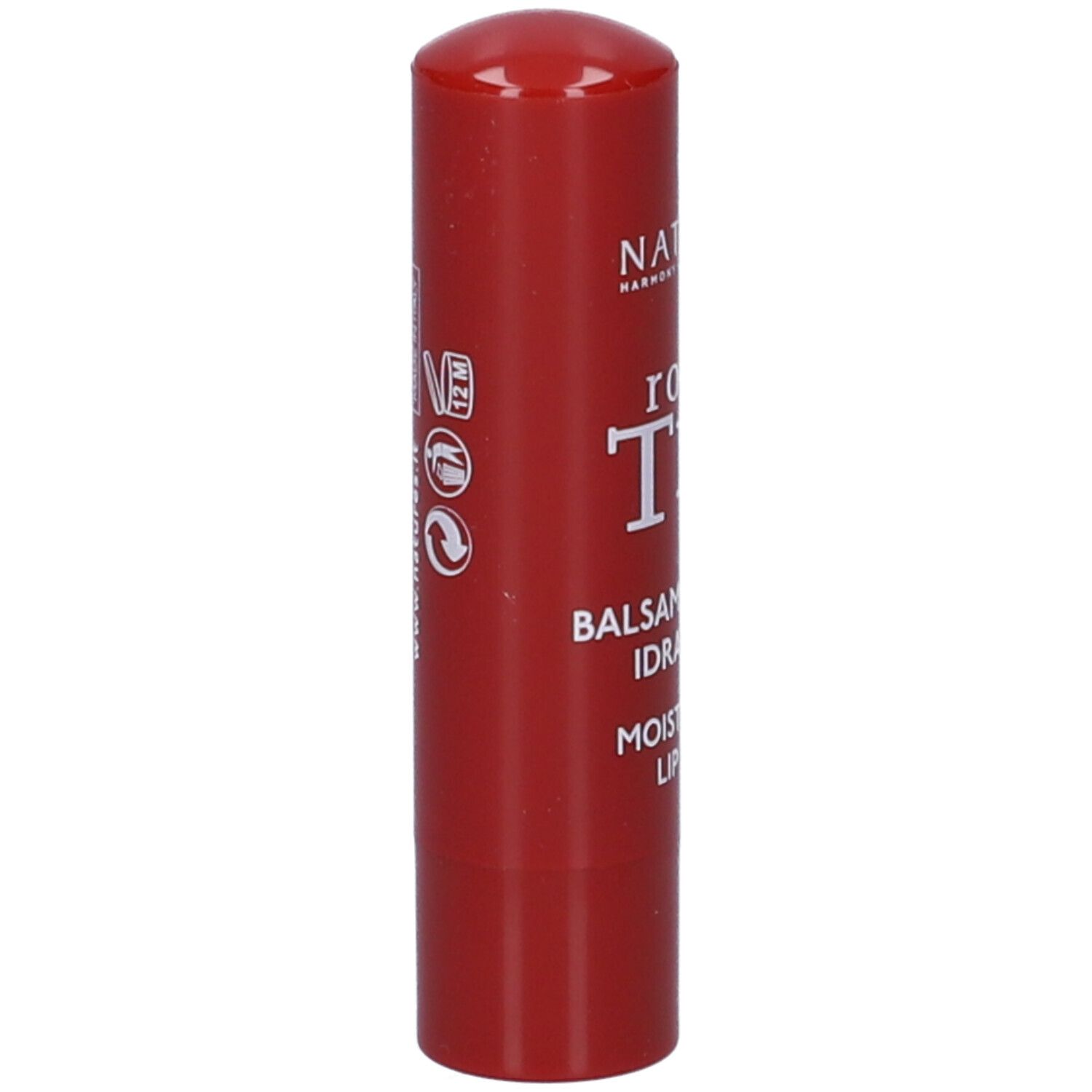 Balsamo per labbra rosso. Scritta: Nature's, Rosso The, Balsamo Labbra Idratante, Moisturizing Lip Balm.