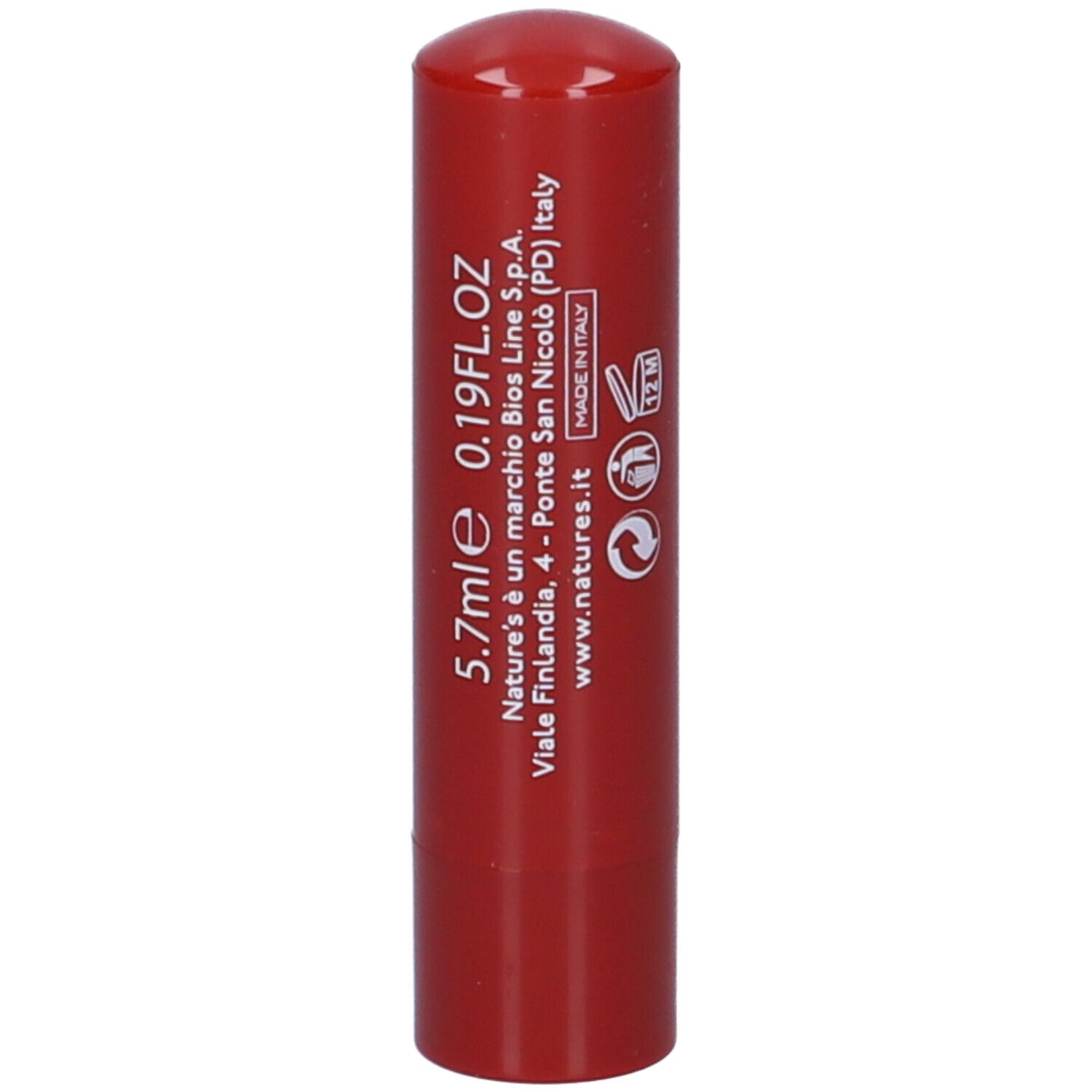 Balsamo per labbra rosso. Scritta: Nature's, Rosso The, Balsamo Labbra Idratante, Moisturizing Lip Balm.