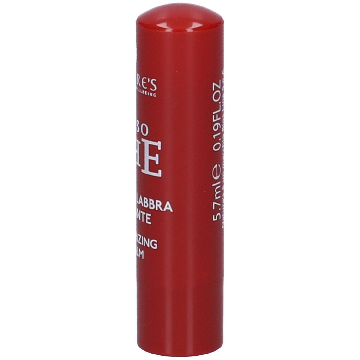 Balsamo per labbra rosso. Scritta: Nature's, Rosso The, Balsamo Labbra Idratante, Moisturizing Lip Balm.