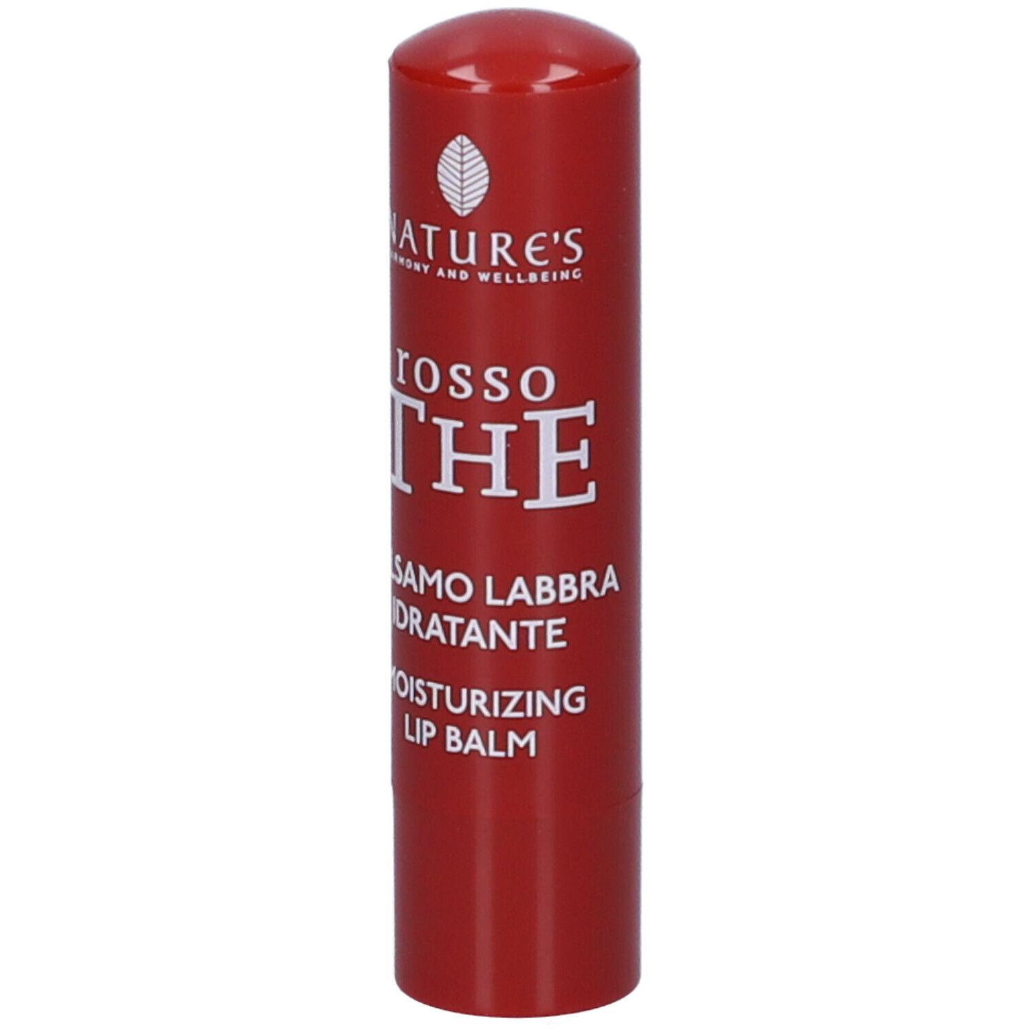 Balsamo per labbra rosso. Scritta: Nature's, Rosso The, Balsamo Labbra Idratante, Moisturizing Lip Balm, 5.7ml.