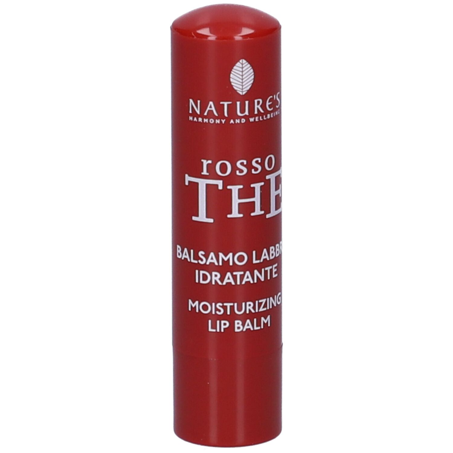Balsamo per labbra rosso. Scritta: Nature's, Rosso The, Balsamo Labbra Idratante, Moisturizing Lip Balm, 5.7ml.