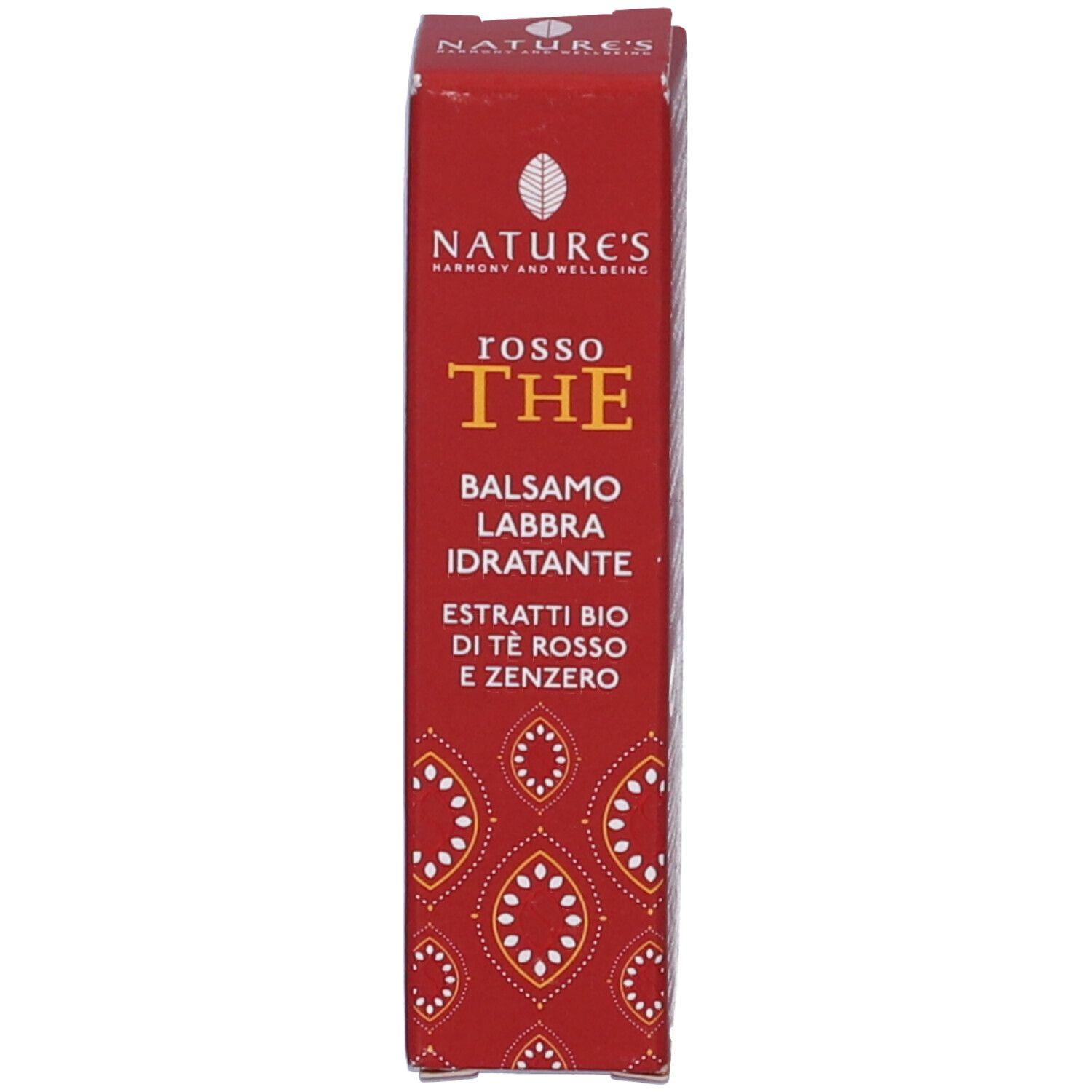 Confezione per balsamo labbra. Scritta: Nature's, Rosso The, Balsamo Labbra Idratante, Extratti Bio, di Te Rosso e Zenzero.