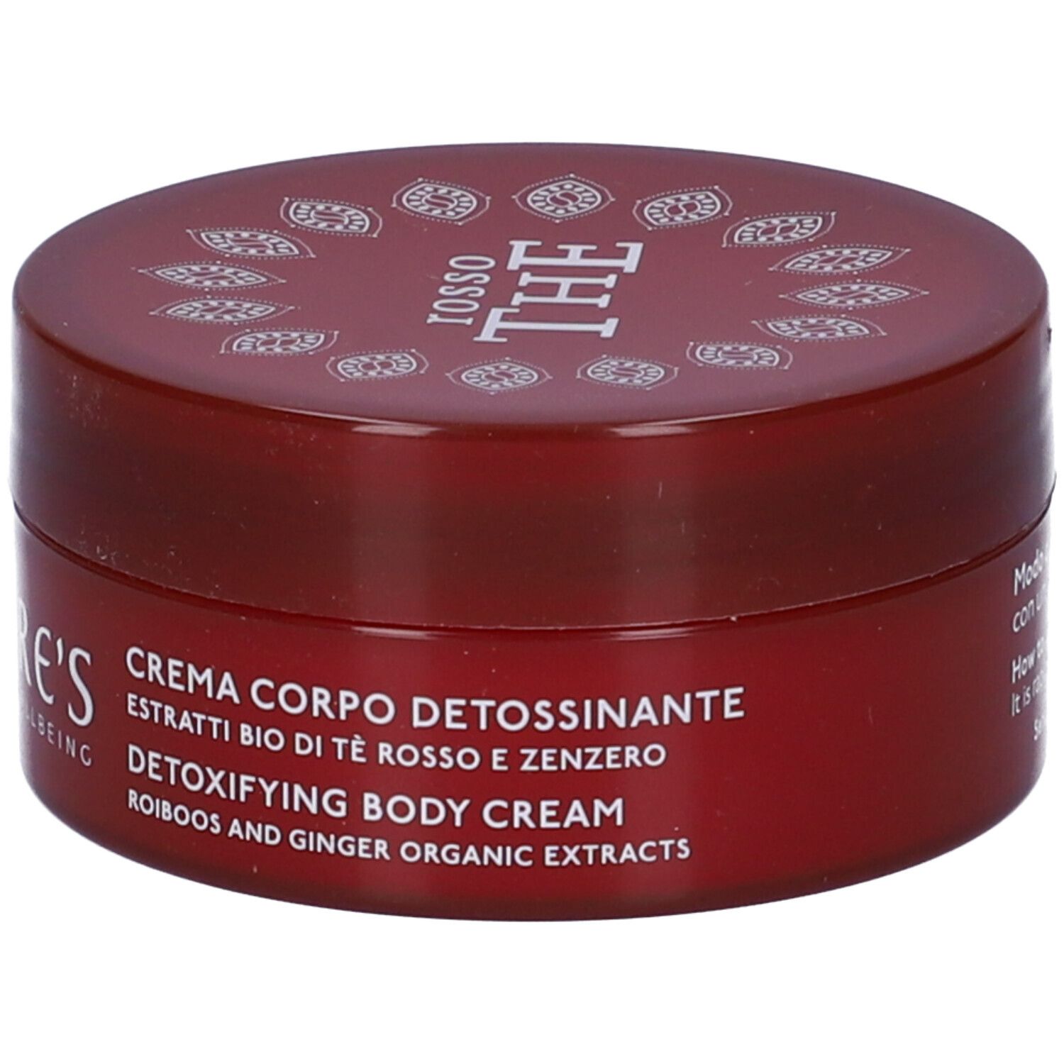 Vaso di crema rossa. Scritte: Nature's, Rosso The, Crema Corpo Detossinante. Ingredienti visibili.