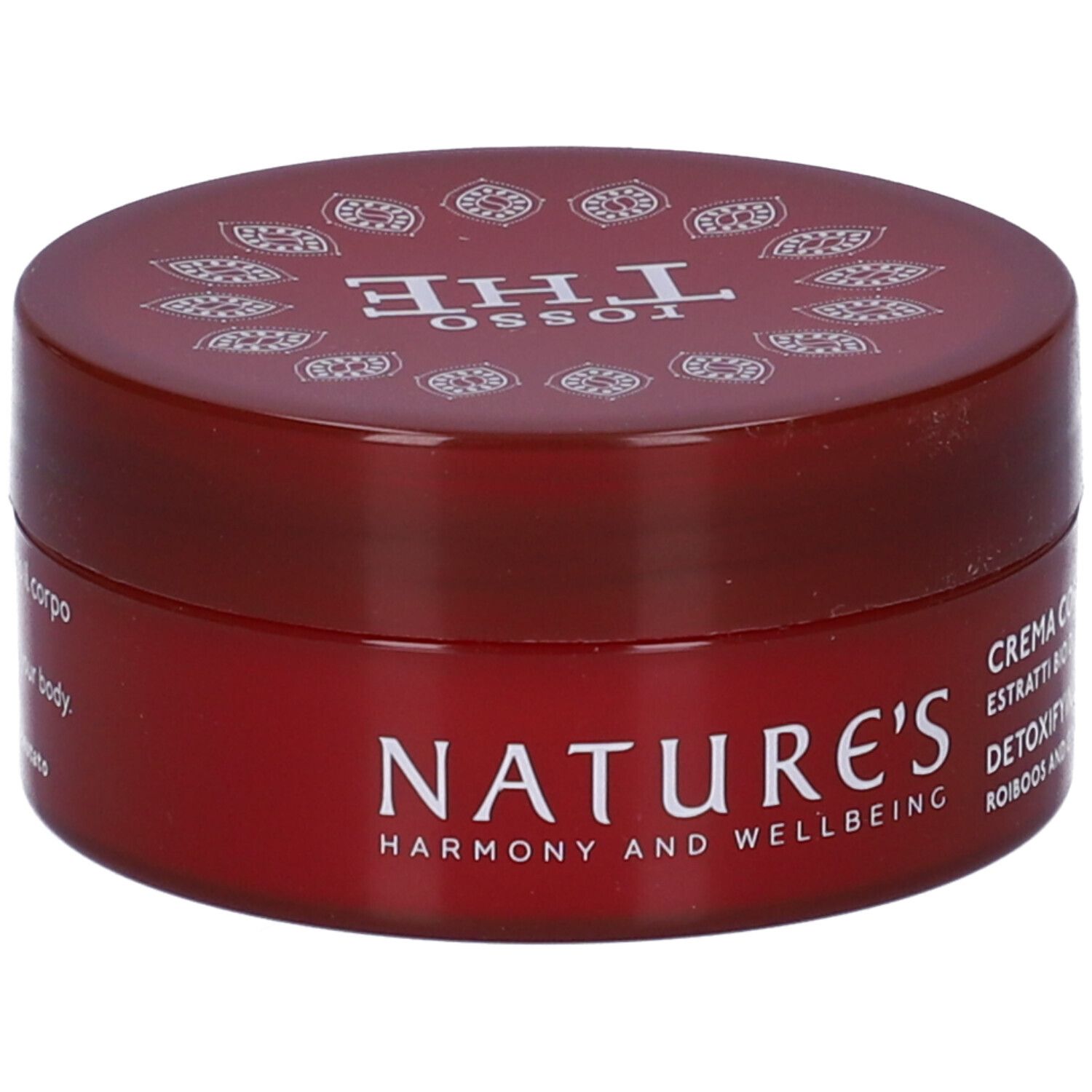 Vaso di crema rossa. Scritte: Nature's, Rosso The, Crema Corpo Detossinante. Ingredienti visibili.