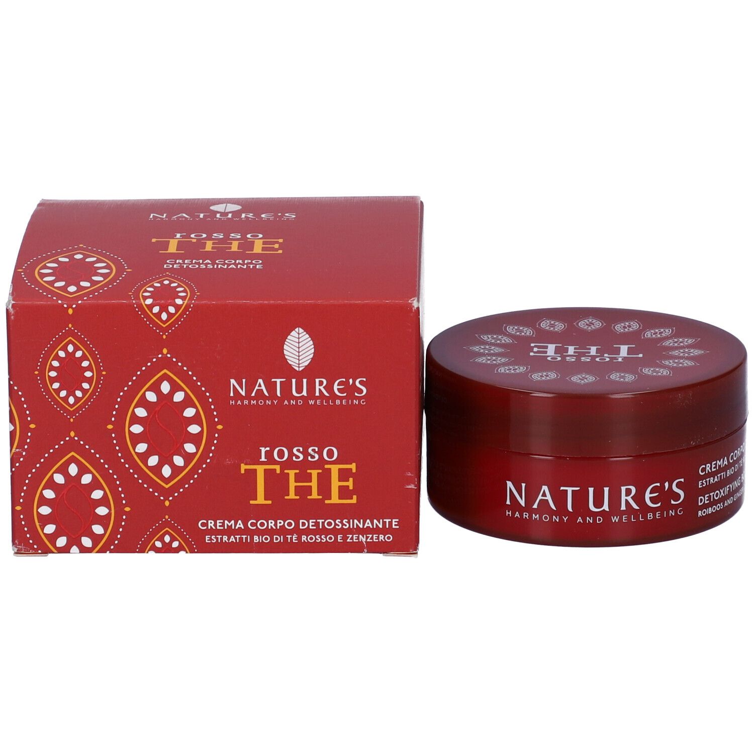 Vaso e scatola di crema rossa. Scritte: Nature's, Rosso The, Crema Corpo Detossinante.