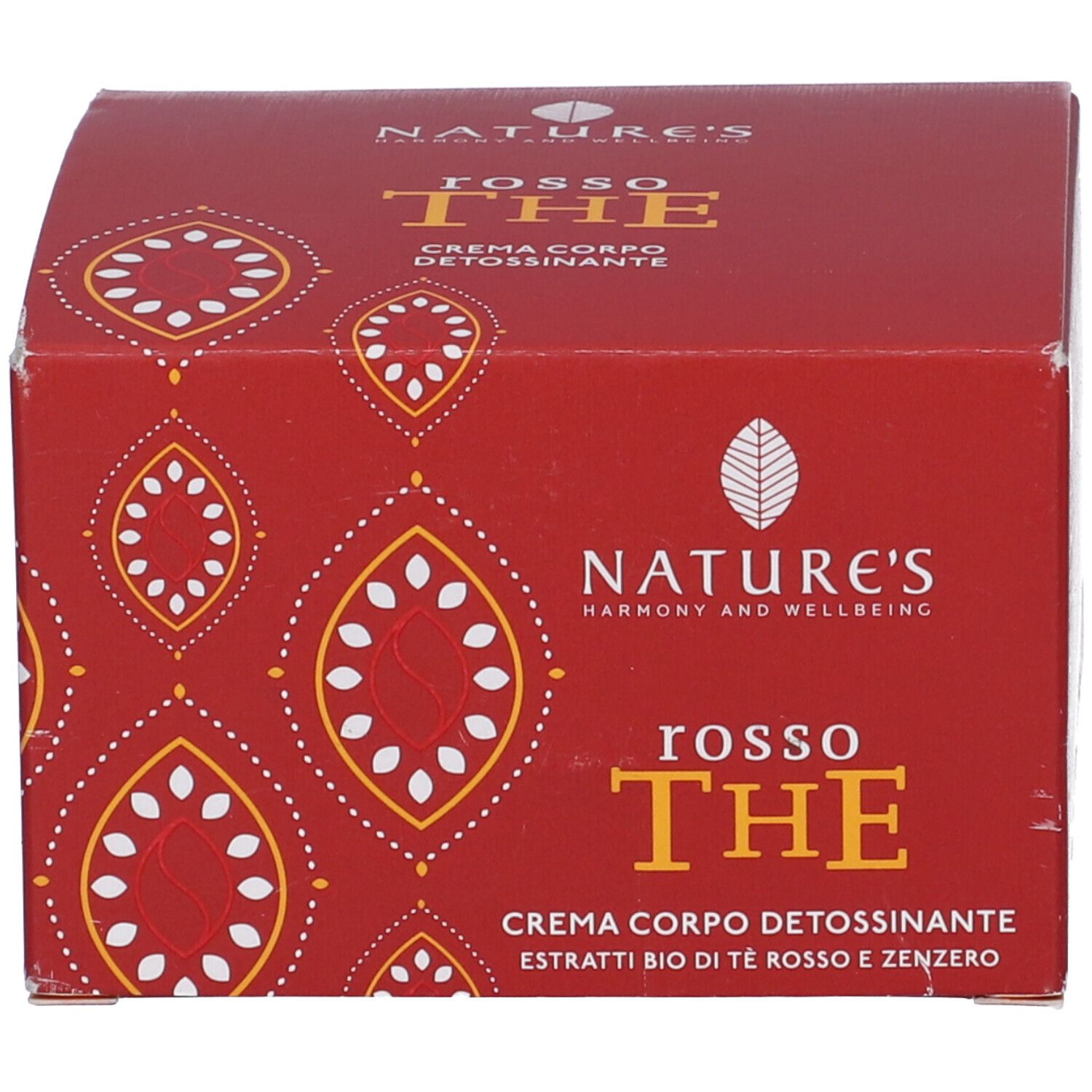 Scatola rossa. Scritte: Nature's, Rosso The, Crema Corpo Detossinante.
