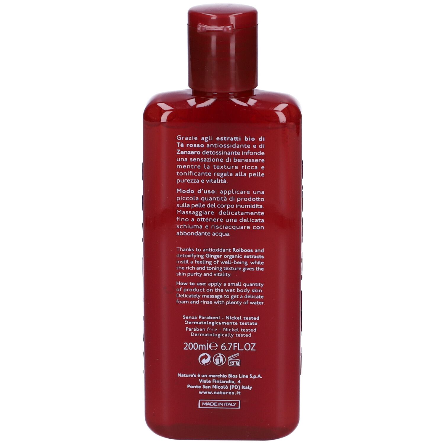 Flacone rosso con testo. Retro con testo in più lingue, tra cui inglese e italiano. 200ml.