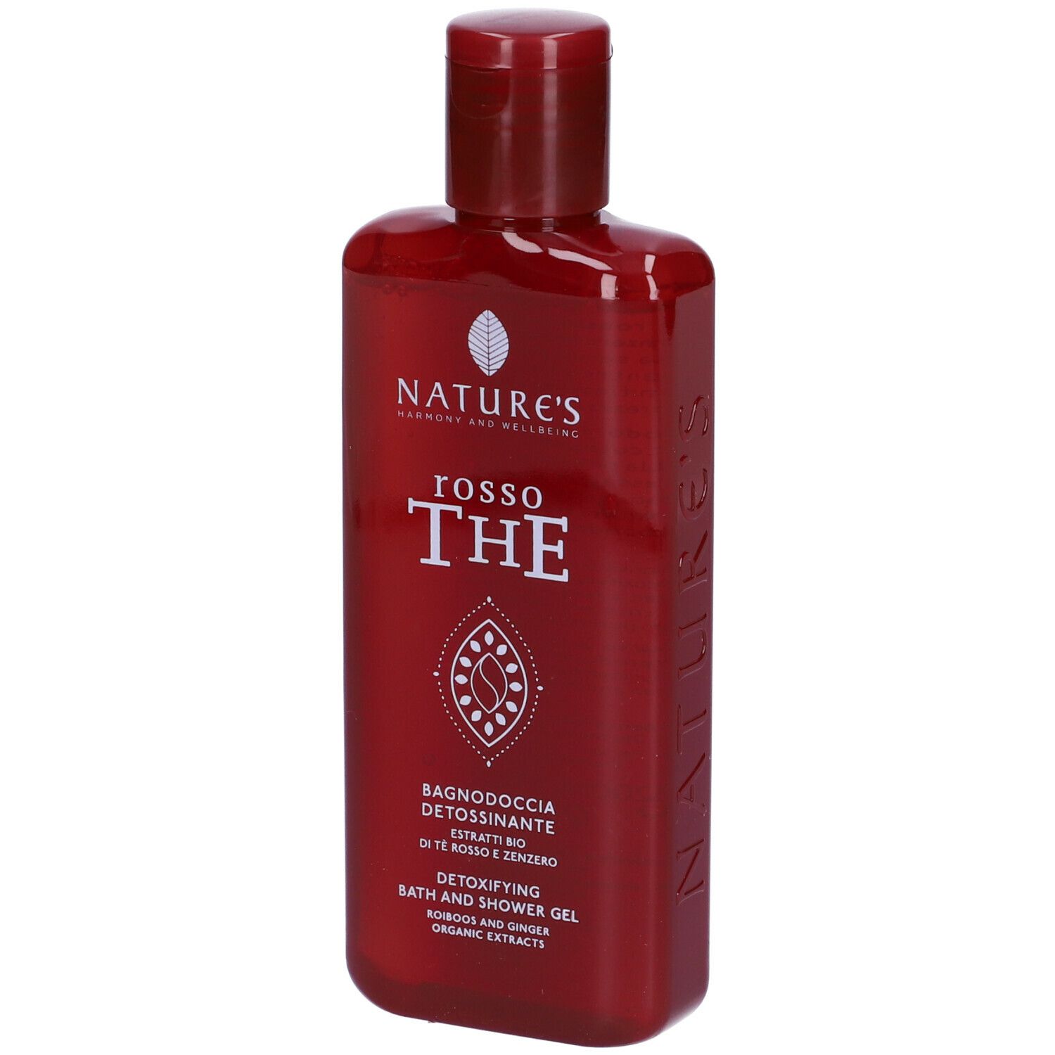 Flacone rosso con tappo rosso. Scritta: NATURE'S, rosso THE, Bagnodoccia Detossinante.