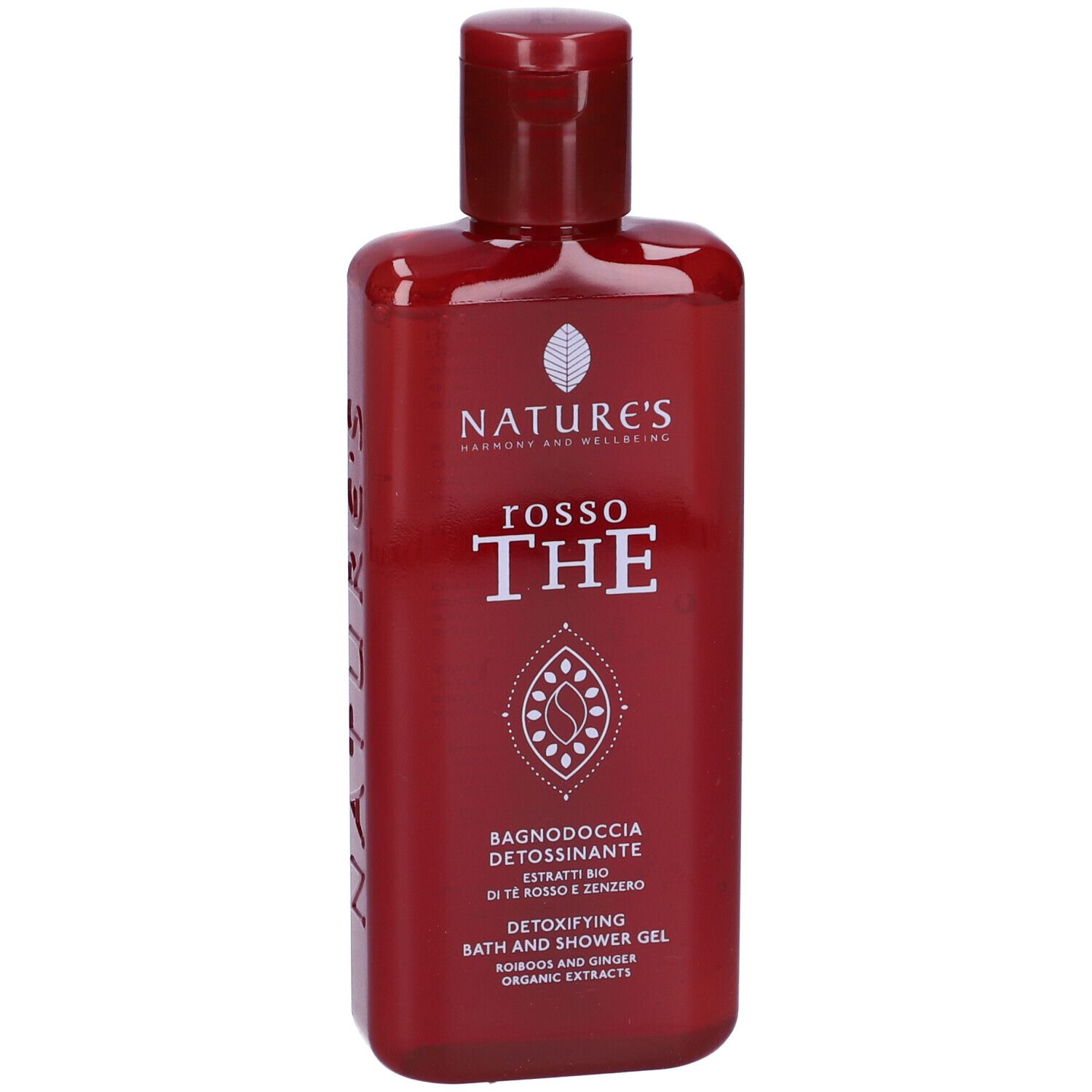 Flacone rosso con tappo rosso. Scritta: NATURE'S, rosso THE, Bagnodoccia Detossinante.