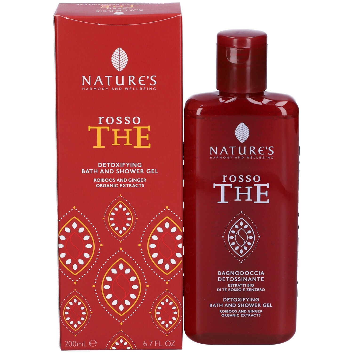 Flacone e scatola rossi. Scritta: NATURE'S, rosso THE, Detoxifying Bath and Shower Gel. 200ml.