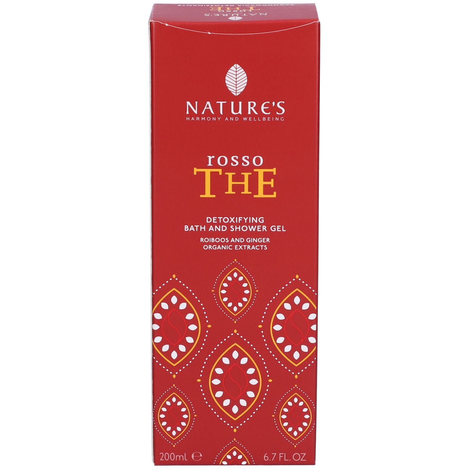 Scatola rossa. Scritta: NATURE'S, rosso THE, Detoxifying Bath and Shower Gel. 200ml.