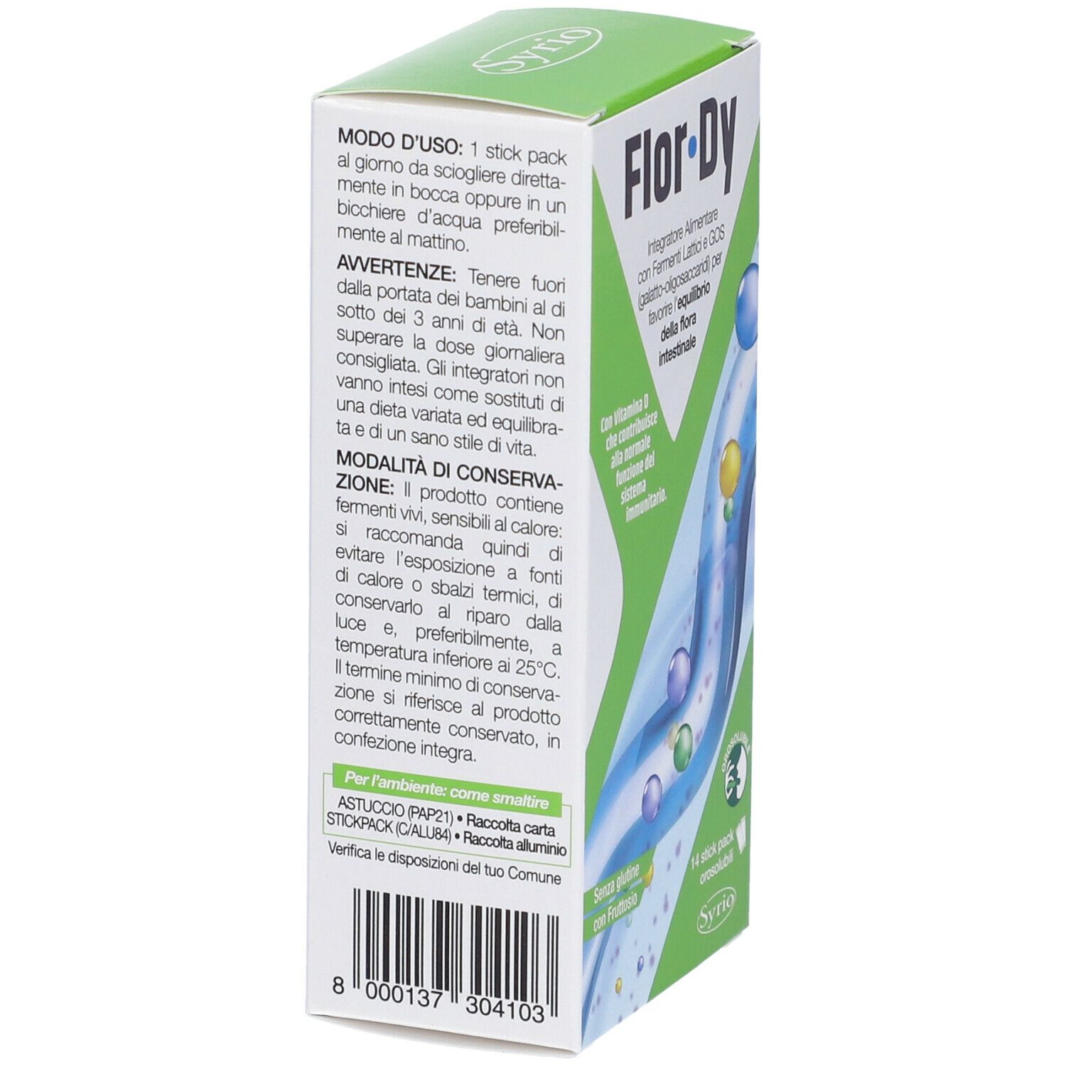 Retro della confezione "Flor·Dy". Istruzioni per l'uso, avvertenze e ingredienti. Informazioni sul riciclo.