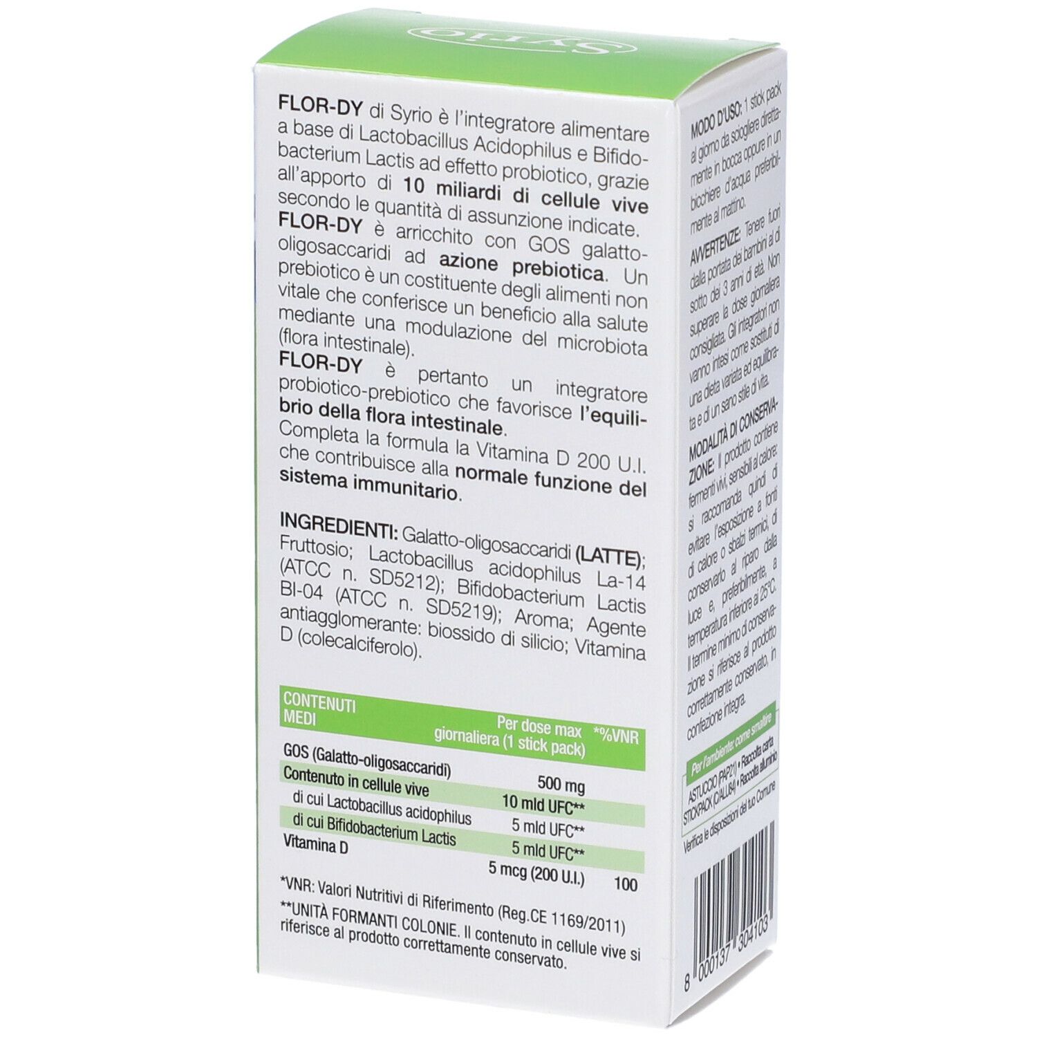 Lato della confezione "Flor·Dy" con tabella nutrizionale e lista ingredienti. Testo in italiano.