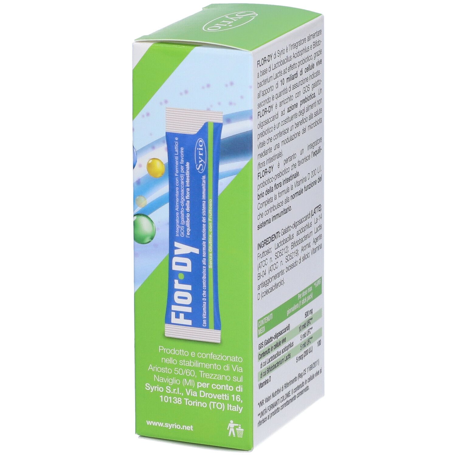 Confezione "Flor·Dy" con un singolo stick. Testo e logo "Syrio". Sfondo con design acquatico.