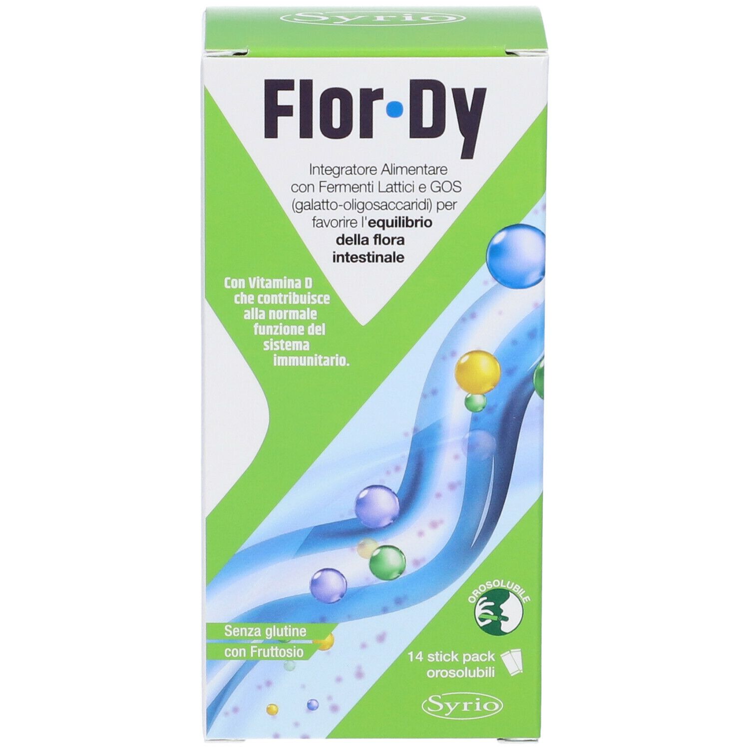 Scatola verde "Flor·Dy" con informazioni sul prodotto. Contiene 14 stick. Logo "Syrio" in basso a destra.