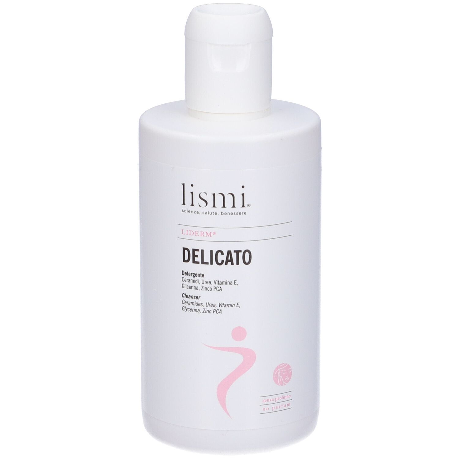 Flacone bianco con stampe. Scritta: Liderm, Delicato. Logo rosa di una persona. Tappo bianco.