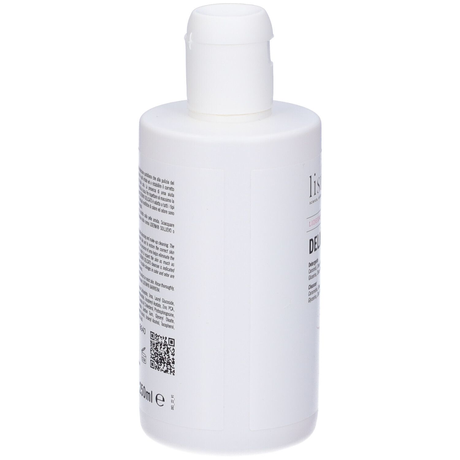 Flacone bianco con stampe. Scritta: Liderm, Delicato. Logo rosa di una persona. Tappo bianco.