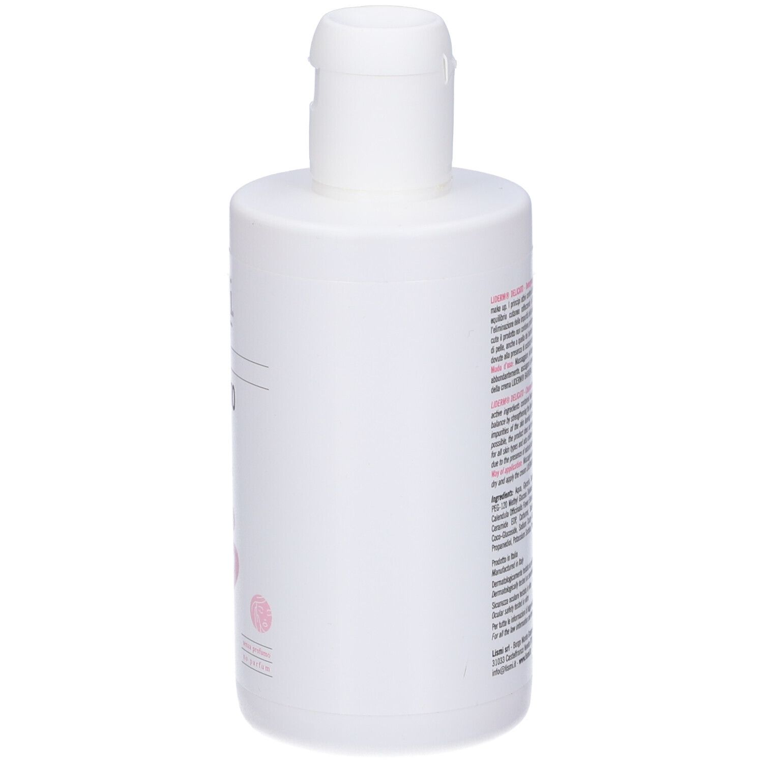 Flacone bianco con stampe. Scritta: Liderm, Delicato. Logo rosa di una persona. Tappo bianco.
