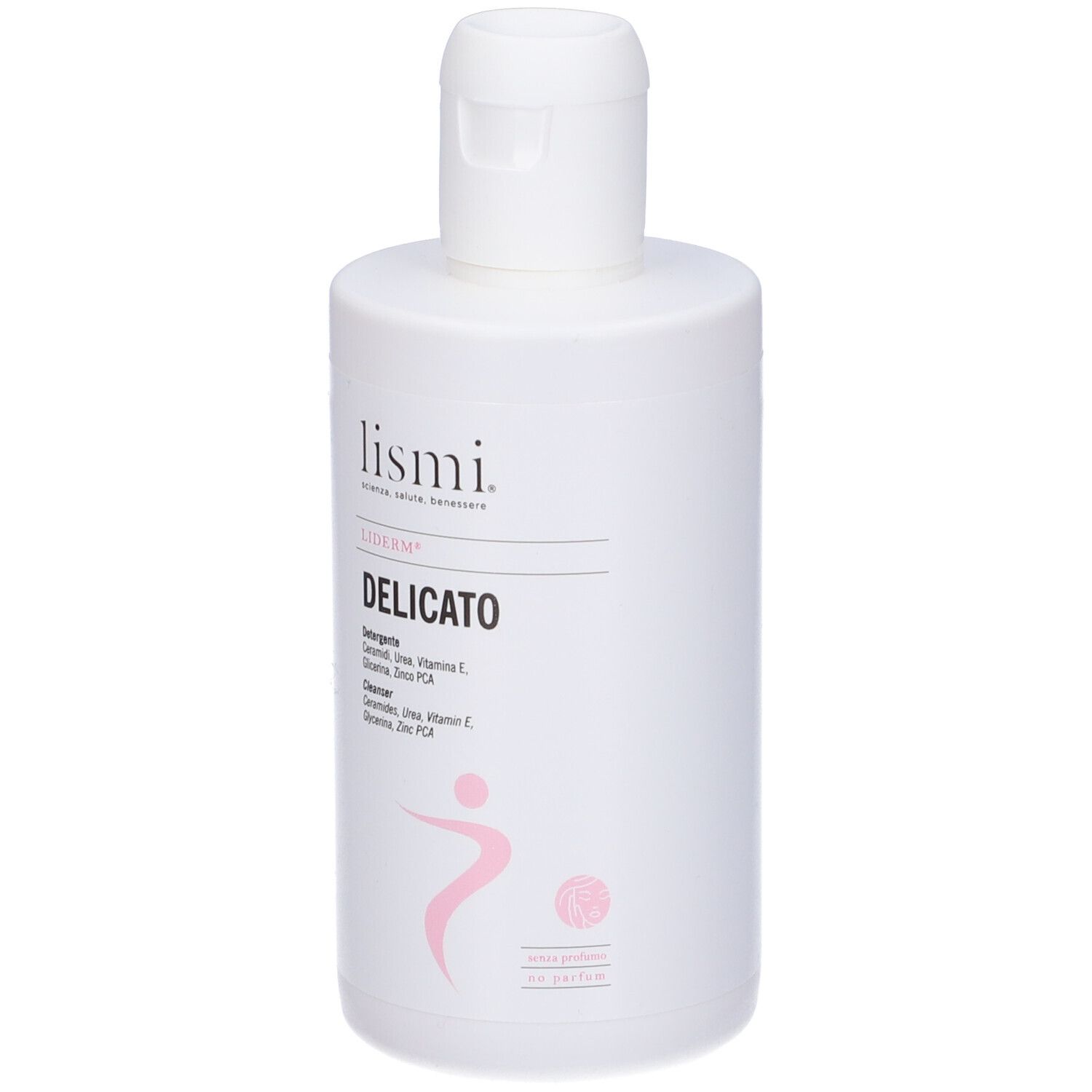 Flacone bianco con stampe. Scritta: Liderm, Delicato. Logo rosa di una persona. Tappo bianco.