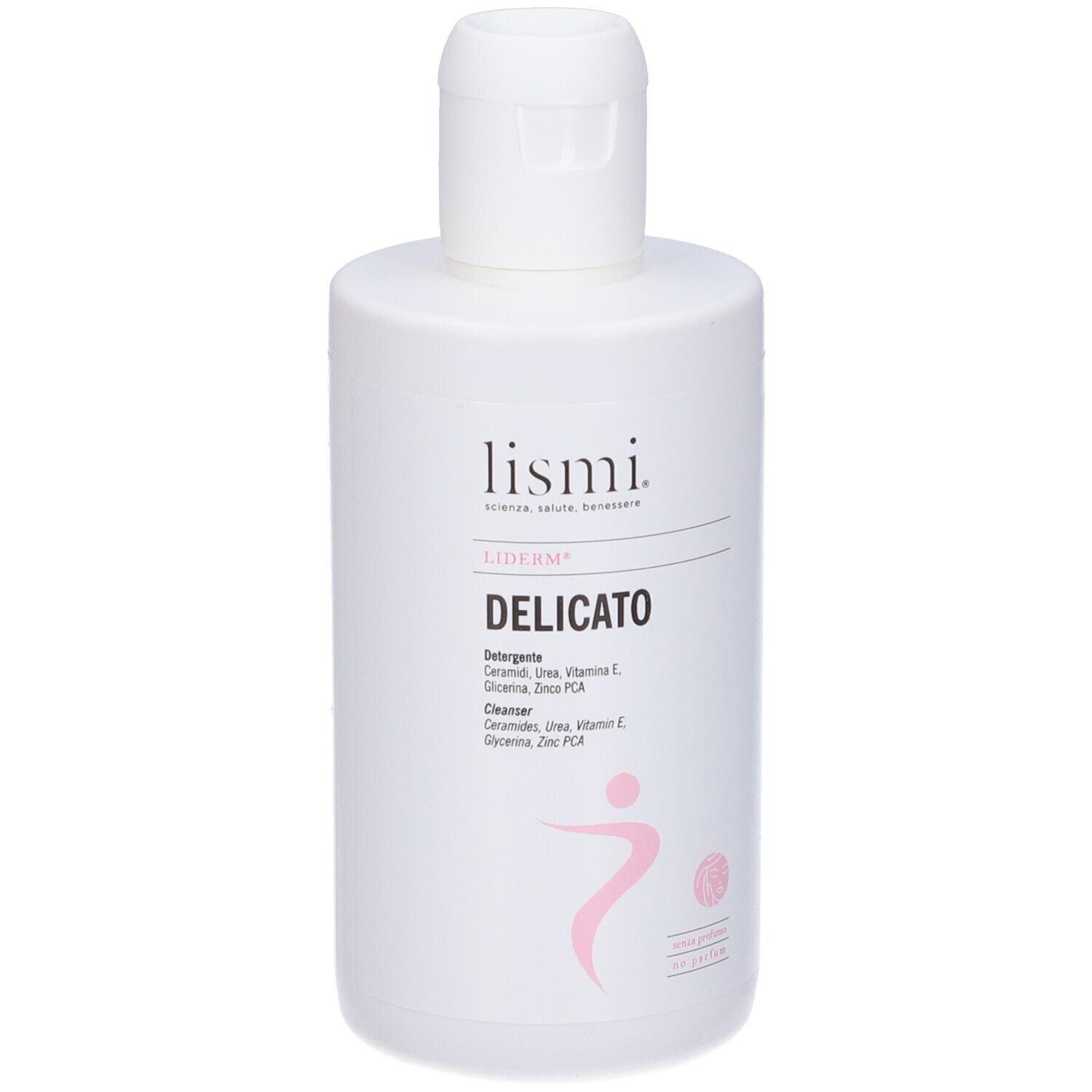 Flacone bianco con stampe. Scritta: Liderm, Delicato. Logo rosa di una persona. Tappo bianco.