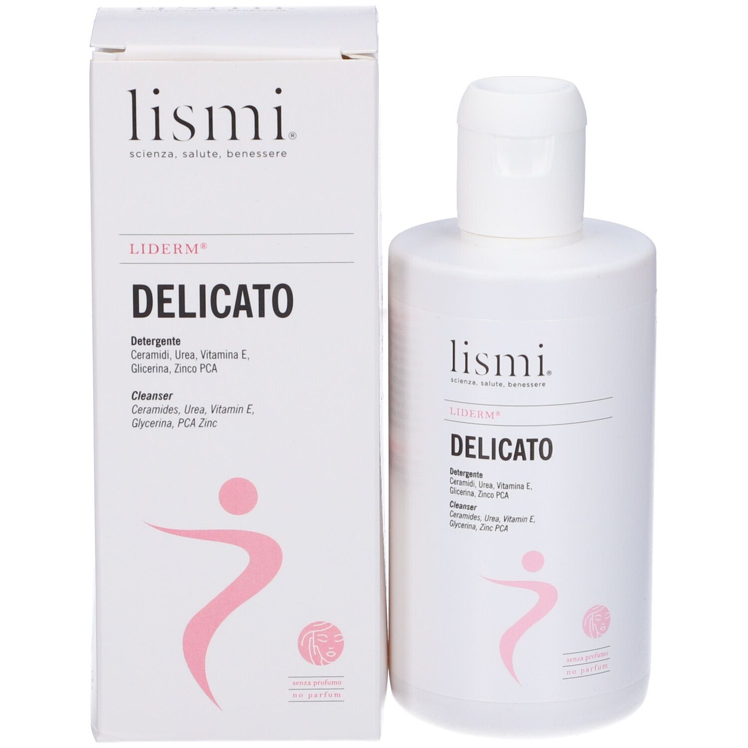 Flacone e scatola bianchi con stampe. Scritta: Liderm, Delicato. Logo rosa di una persona.