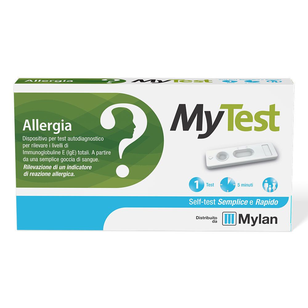 Confezione test MyTest Allergia. Contiene strisce reattive e istruzioni. Scritte: MyTest, Allergia, Mylan.