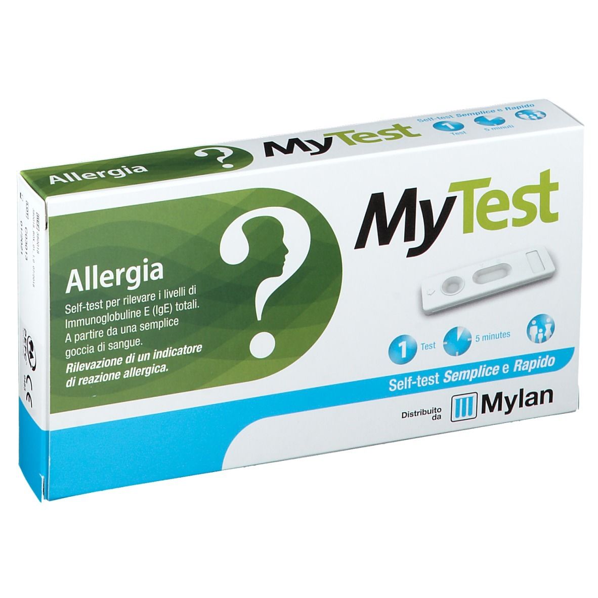 Confezione test MyTest Allergia. Contiene strisce reattive e istruzioni. Scritte: MyTest, Allergia, Mylan.