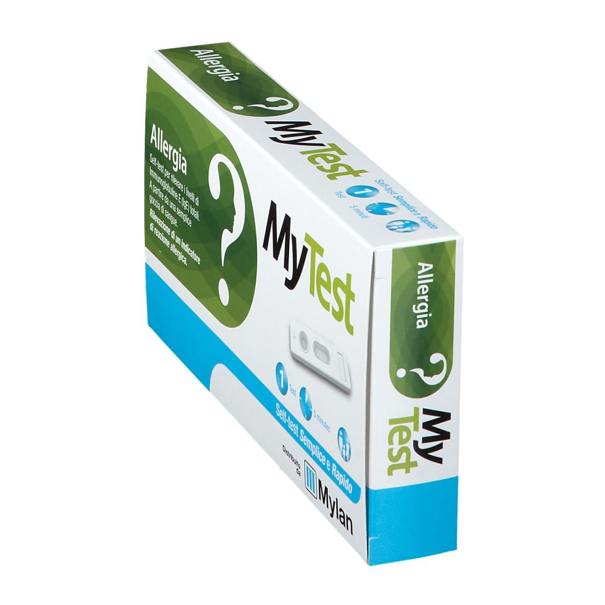Confezione test MyTest Allergia in diagonale. Scritte: MyTest, Allergia, Mylan. Contiene strisce e istruzioni.