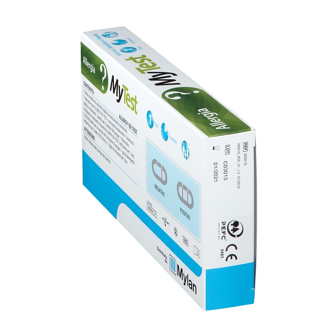 Confezione test MyTest Allergia in diagonale. Scritte: MyTest, Allergia, Mylan. Contiene strisce e istruzioni.