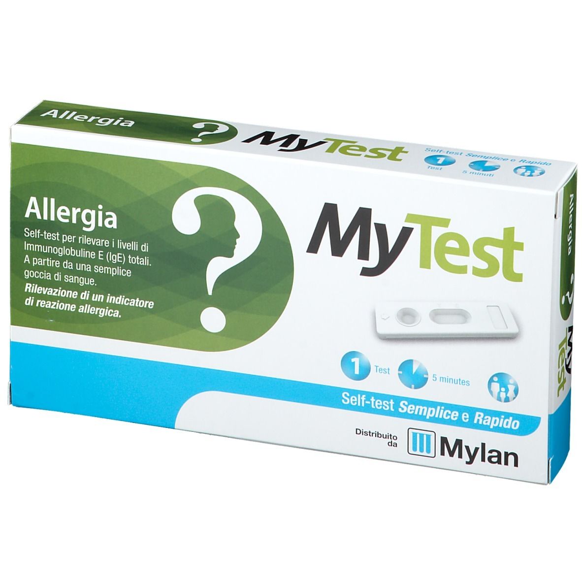 Confezione test MyTest Allergia. Contiene strisce reattive e istruzioni. Scritte: MyTest, Allergia, Mylan.