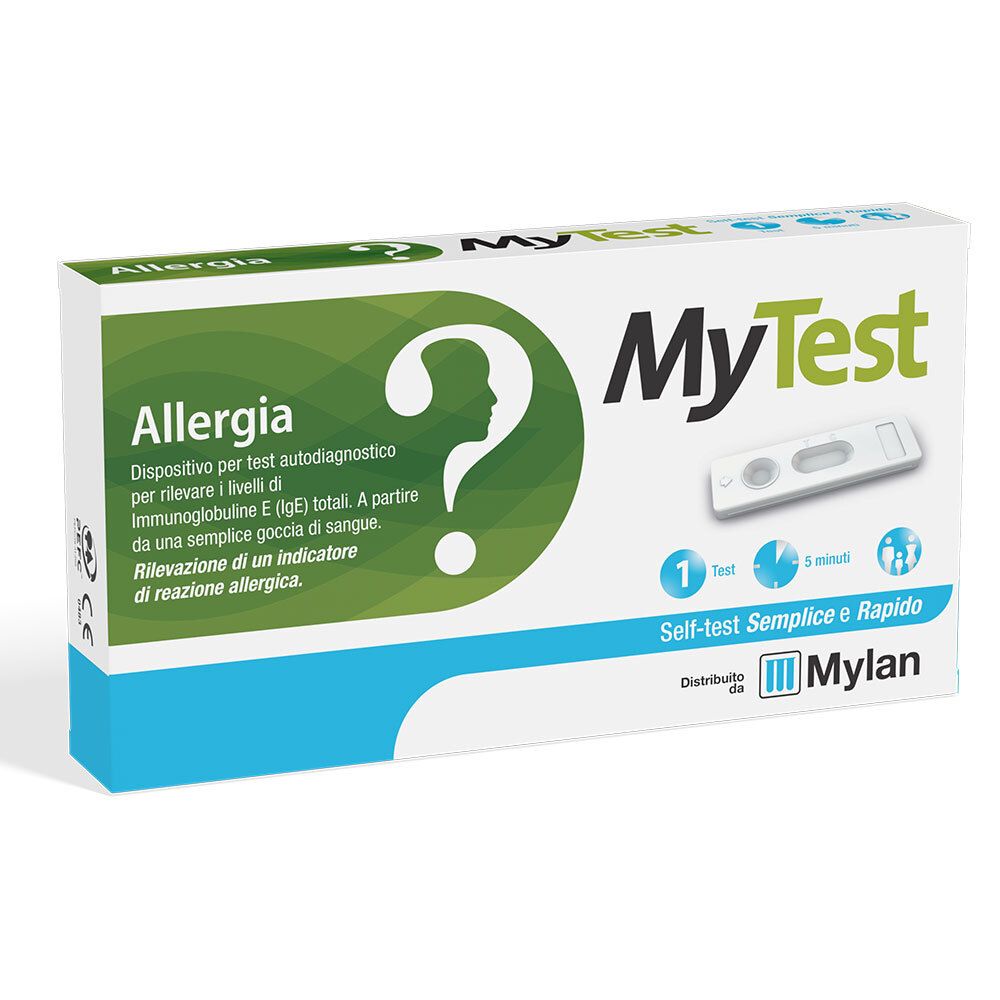 Confezione test MyTest Allergia. Contiene strisce reattive e istruzioni. Scritte: MyTest, Allergia, Mylan.