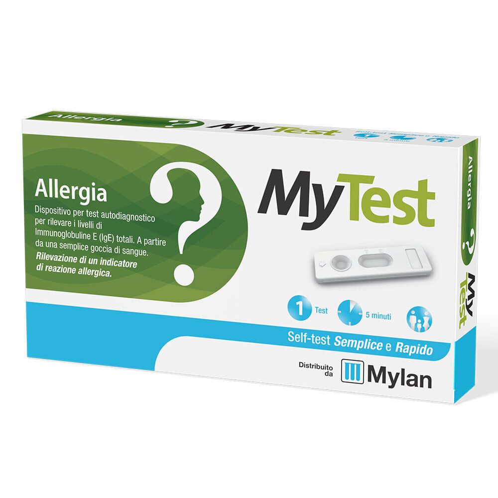Confezione test MyTest Allergia. Contiene strisce reattive e istruzioni. Scritte: MyTest, Allergia, Mylan.