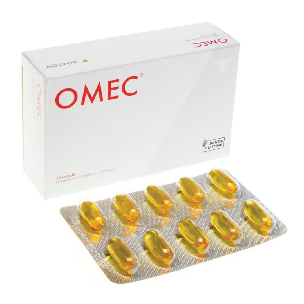 Scatola bianca con scritta rossa OMEC e blister di capsule gialle. Marchio senza glutine.