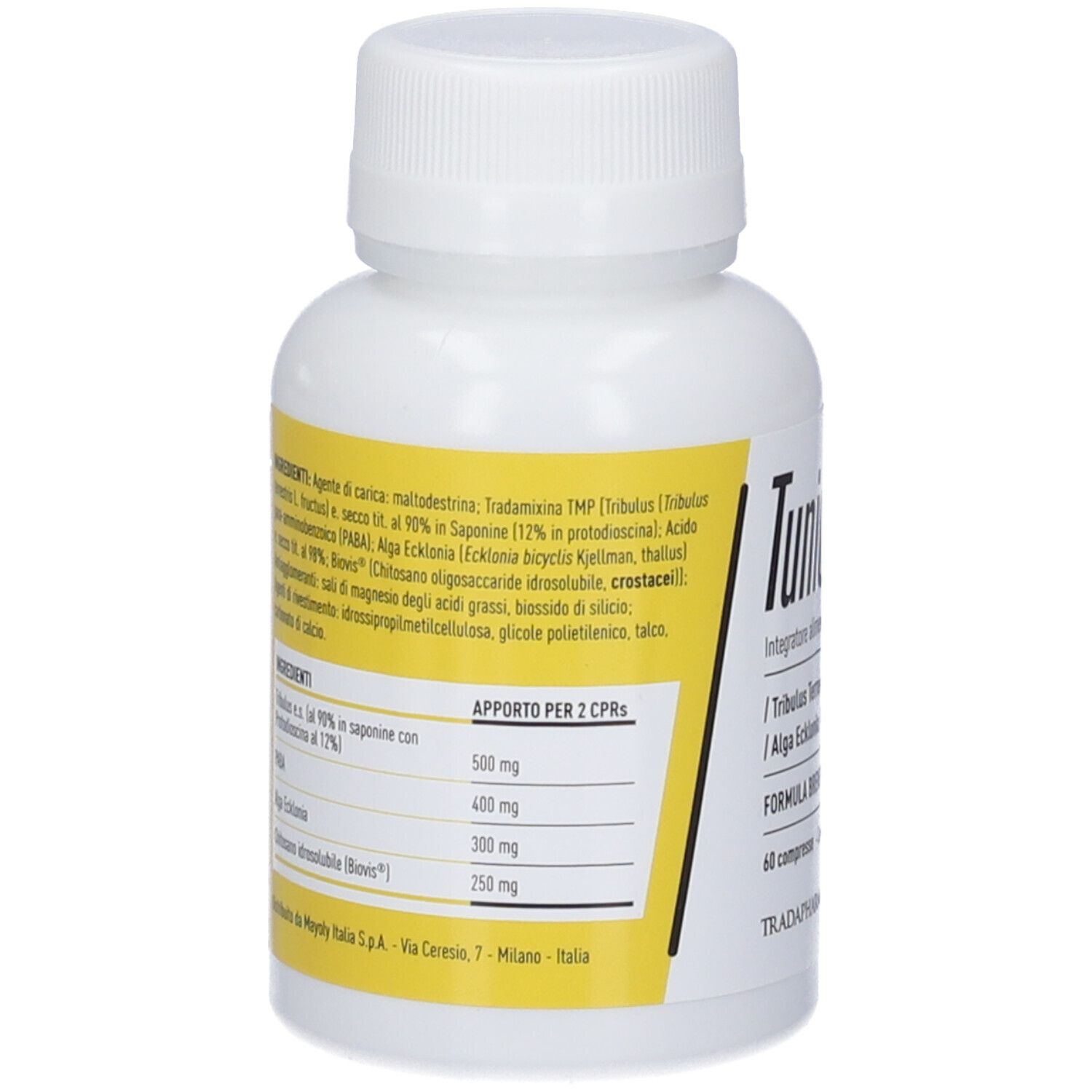 Retro di un flacone bianco con etichetta gialla. Testo: ingredienti, informazioni nutrizionali. Marchio: Tradapharma.