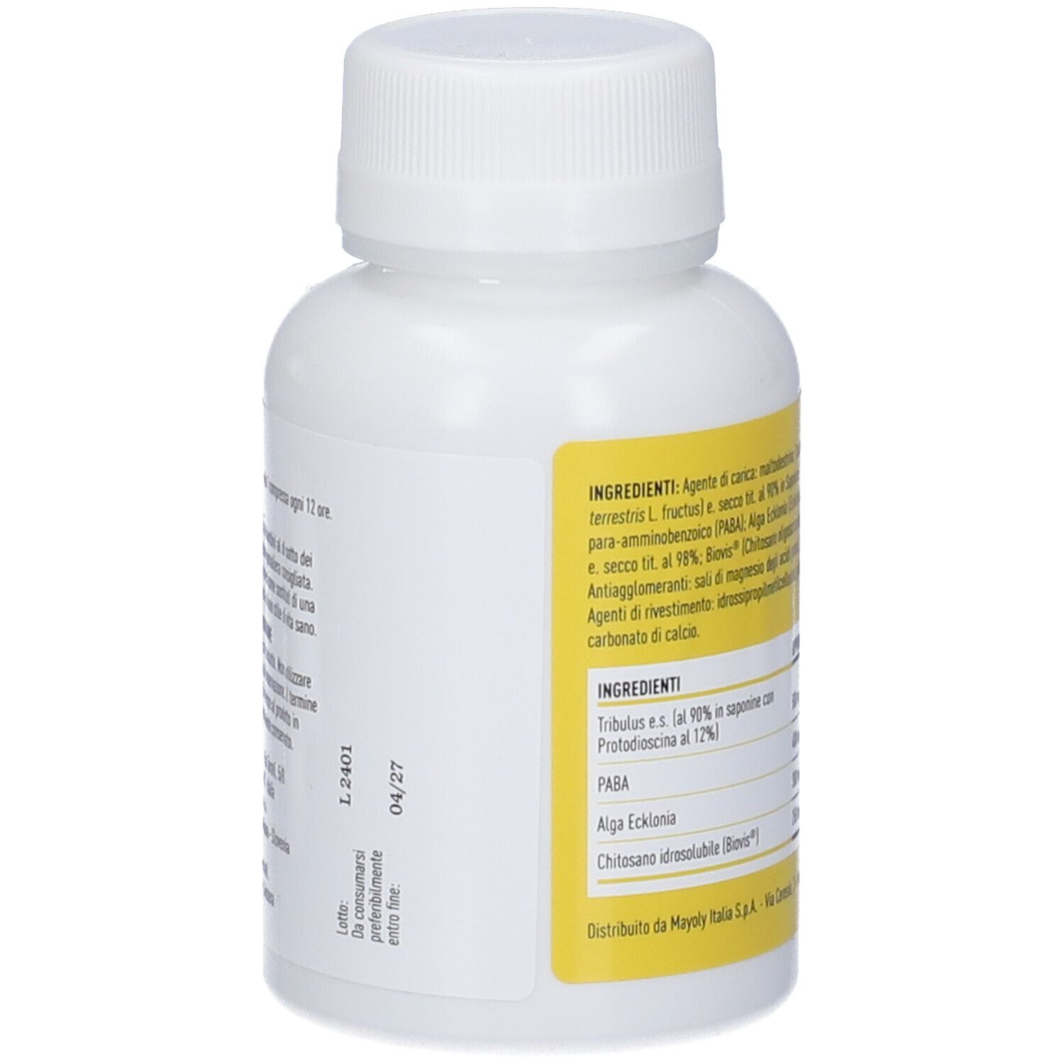 Primo piano del retro di un flacone bianco con etichetta gialla. Testo: ingredienti, data di scadenza. Marchio: Tradapharma.